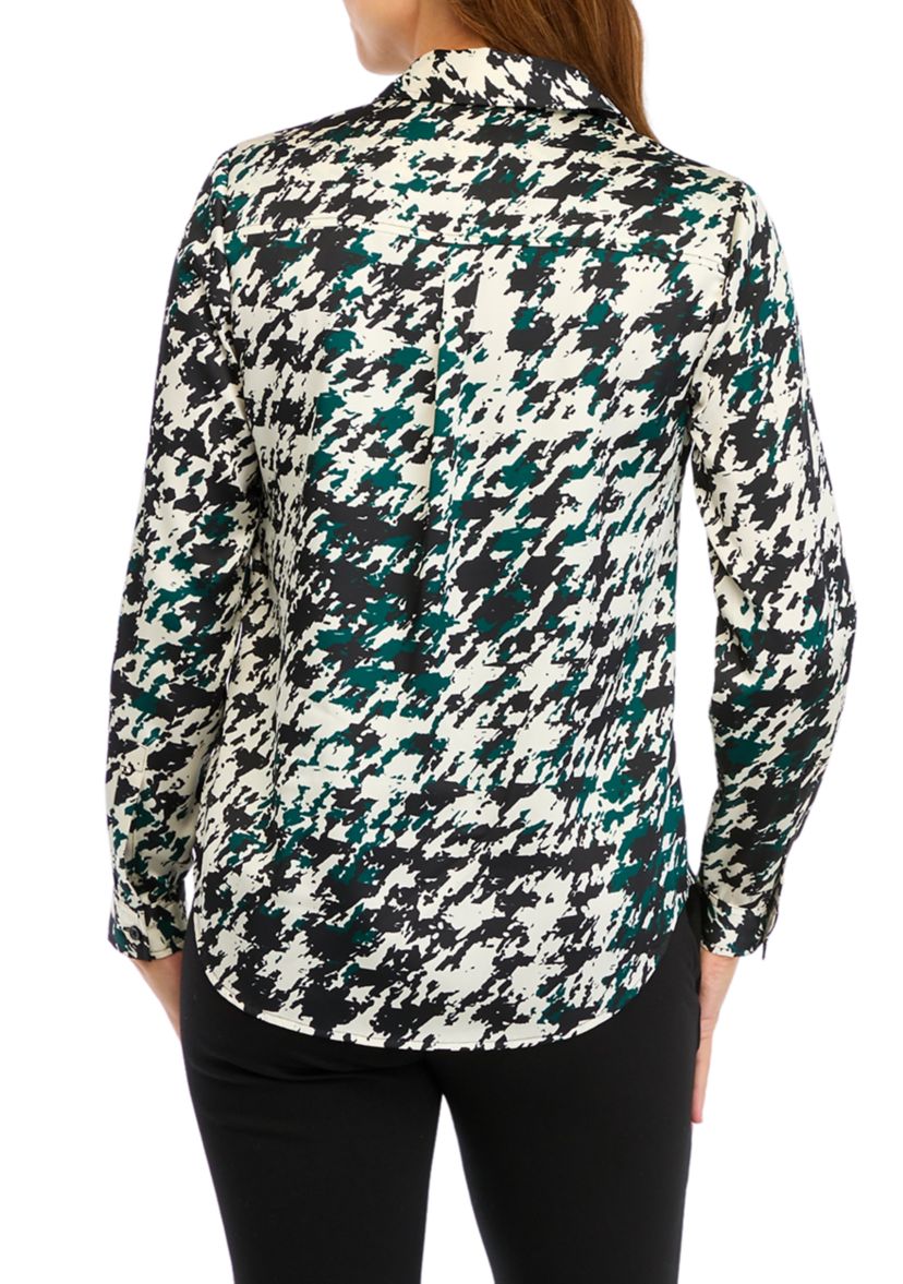Petite Houndstooth Print Long Sleeve Button Front Blouse