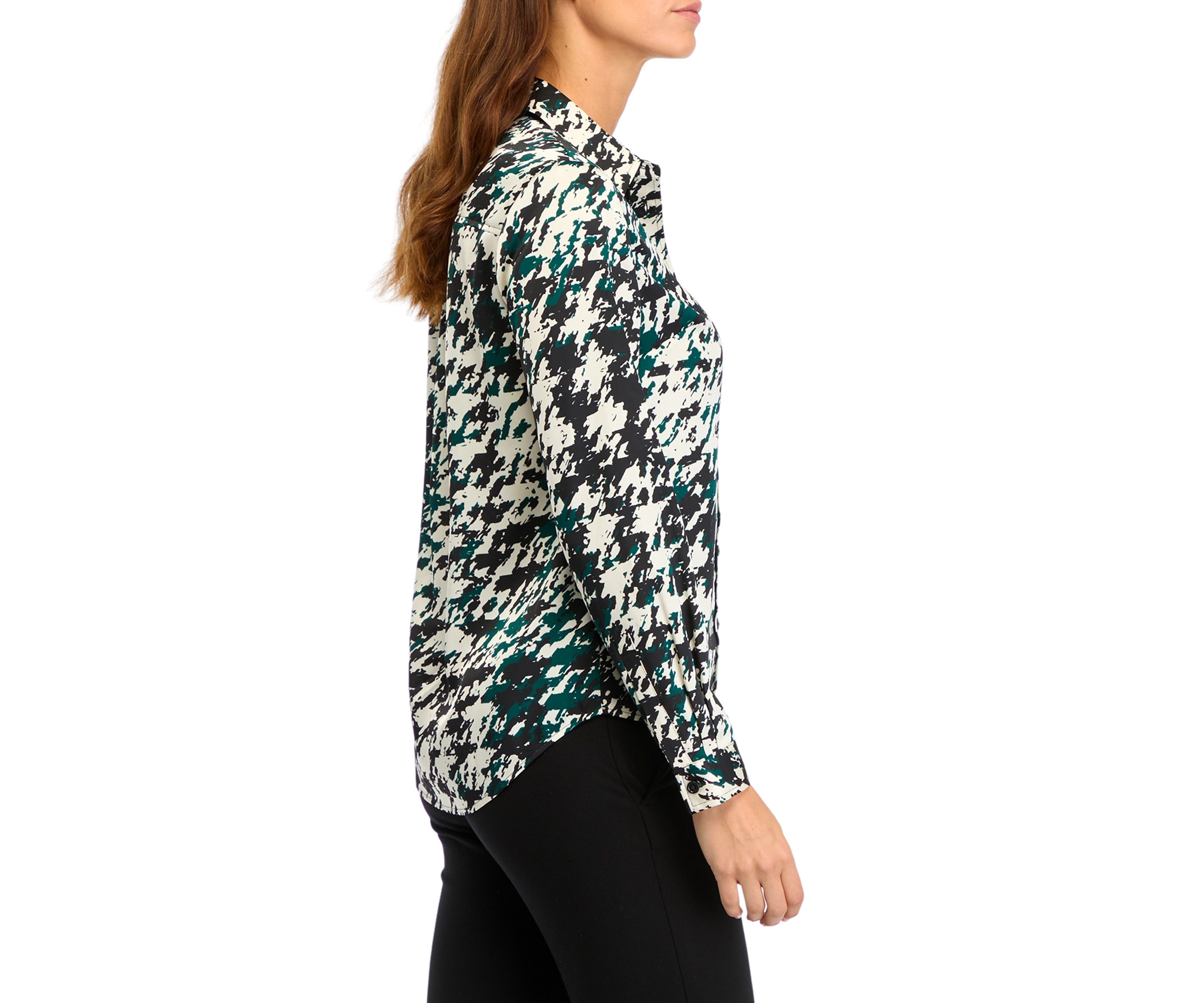 Petite Houndstooth Print Long Sleeve Button Front Blouse