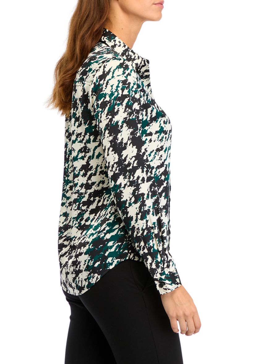 Petite Houndstooth Print Long Sleeve Button Front Blouse