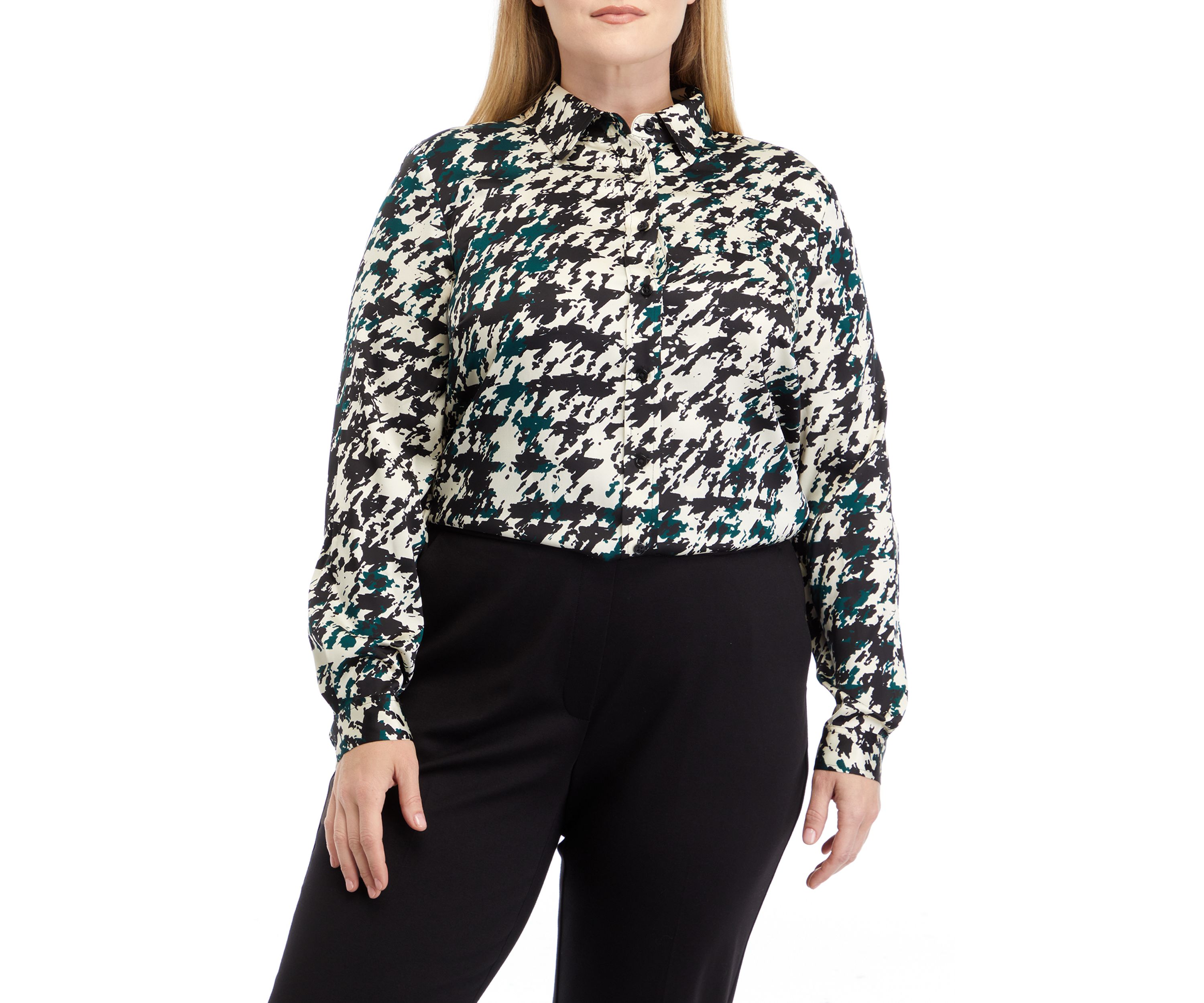 Plus Size Long Sleeve Button Front Houndstooth Blouse