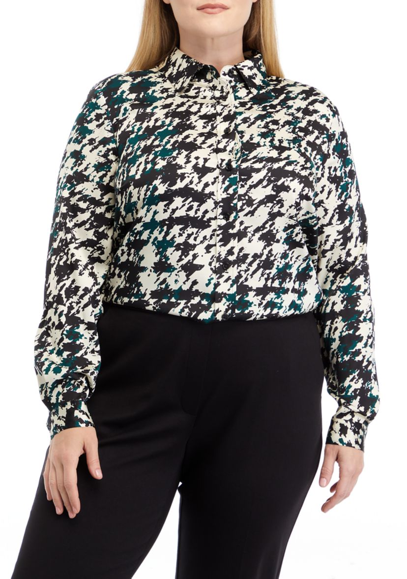 Plus Size Long Sleeve Button Front Houndstooth Blouse