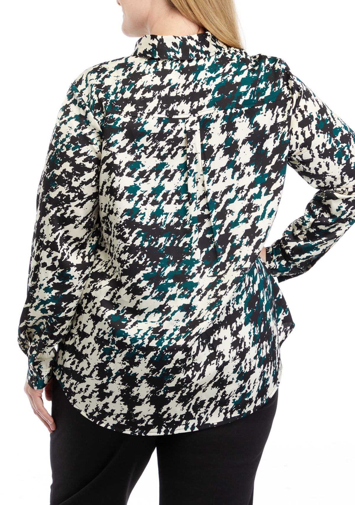 Plus Size Long Sleeve Button Front Houndstooth Blouse