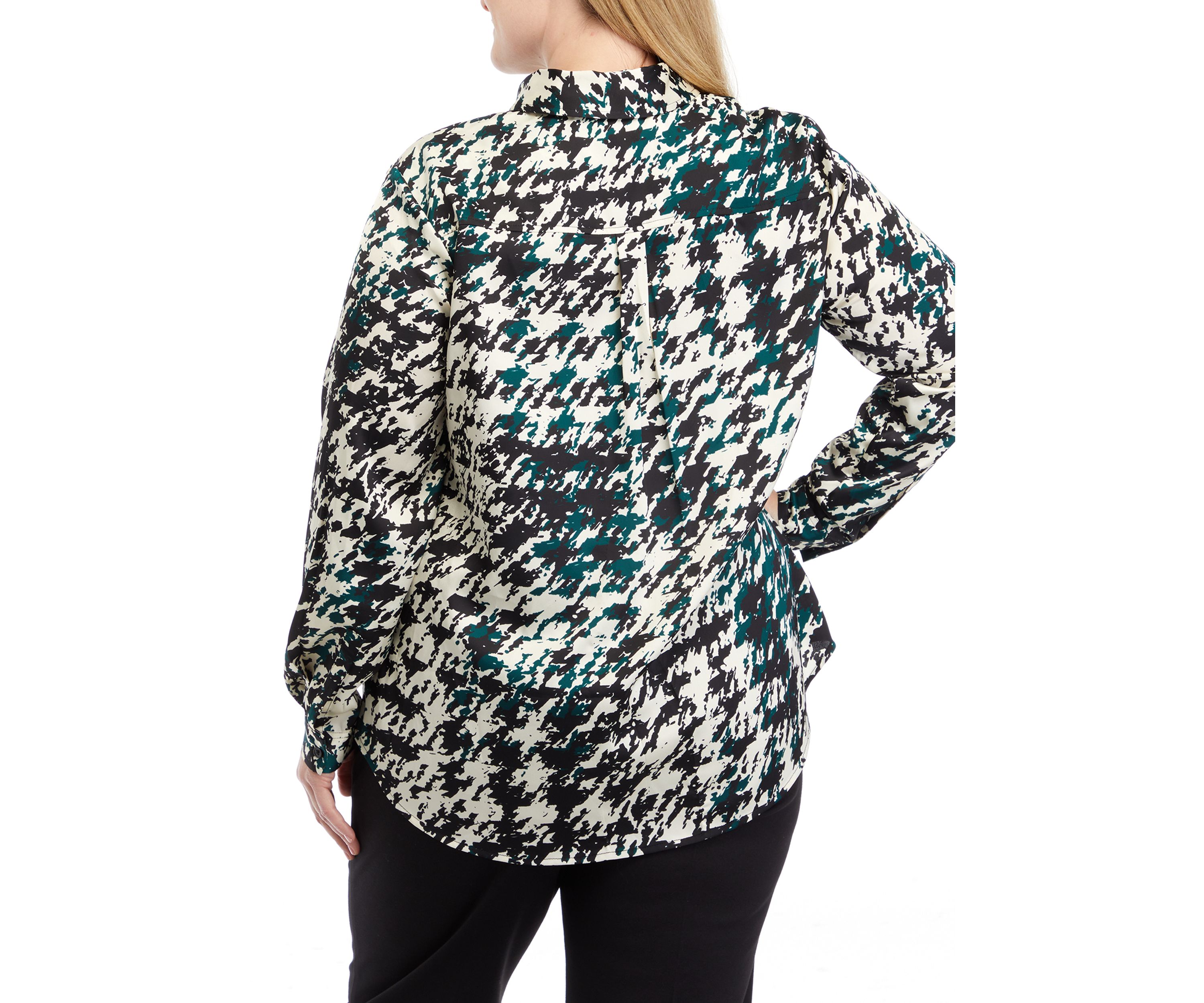 Plus Size Long Sleeve Button Front Houndstooth Blouse