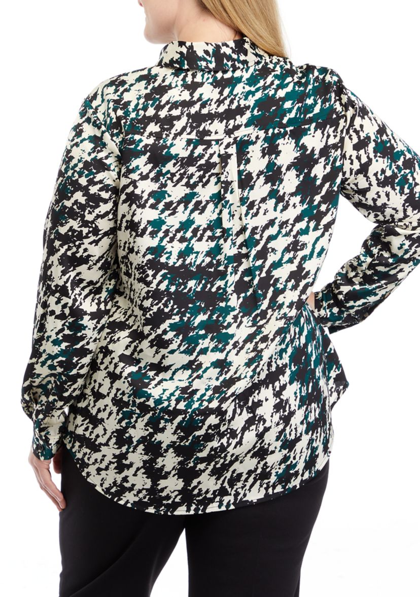 Plus Size Long Sleeve Button Front Houndstooth Blouse