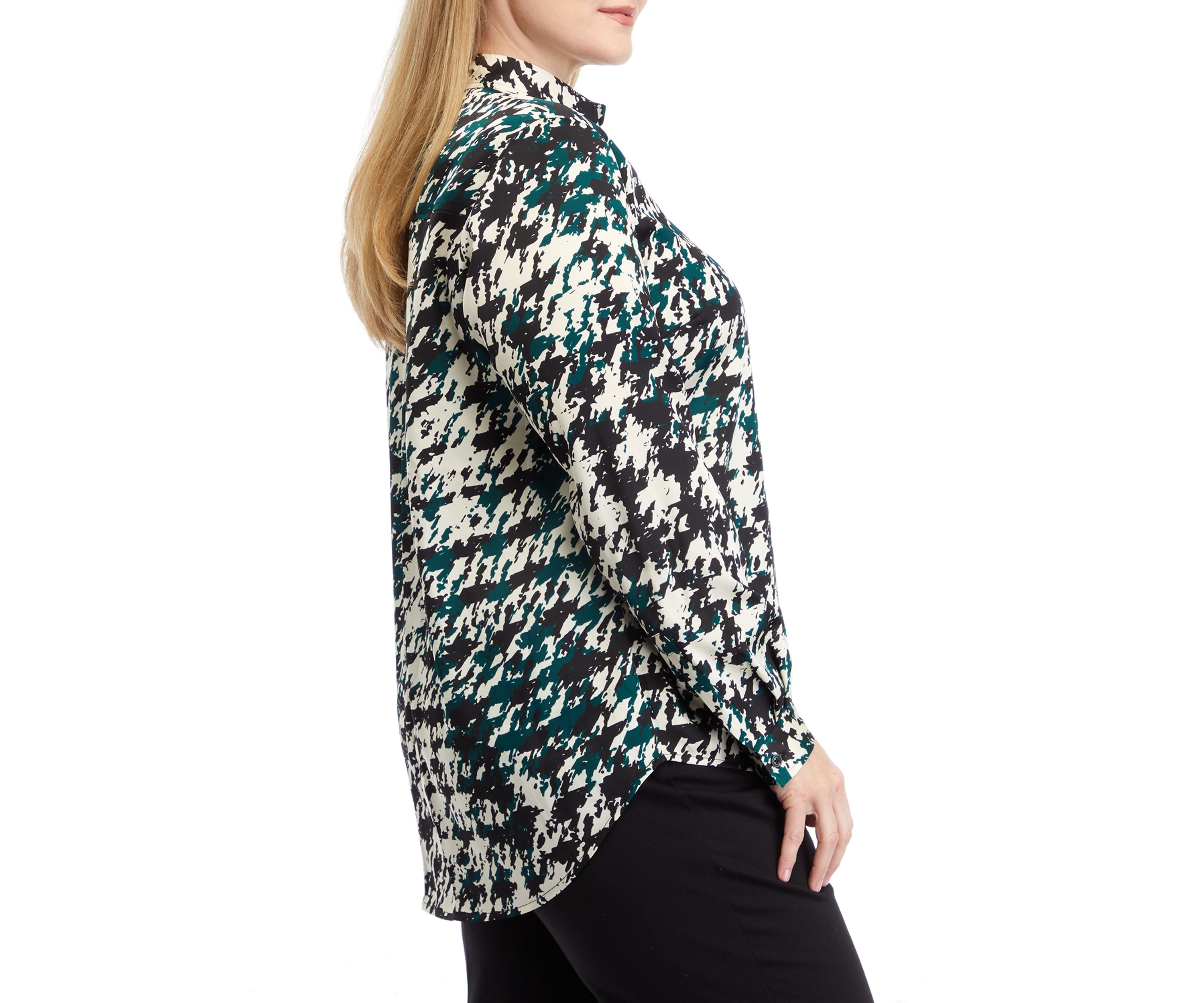 Plus Size Long Sleeve Button Front Houndstooth Blouse