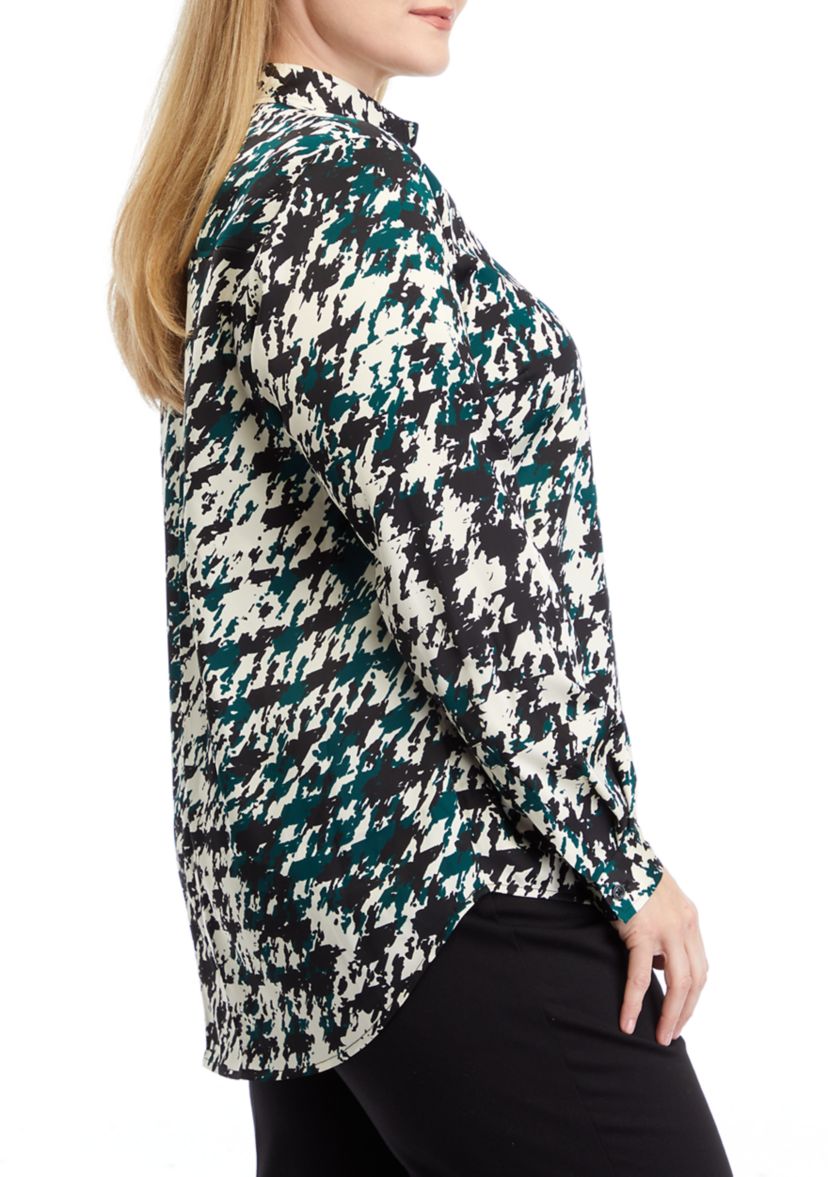 Plus Size Long Sleeve Button Front Houndstooth Blouse