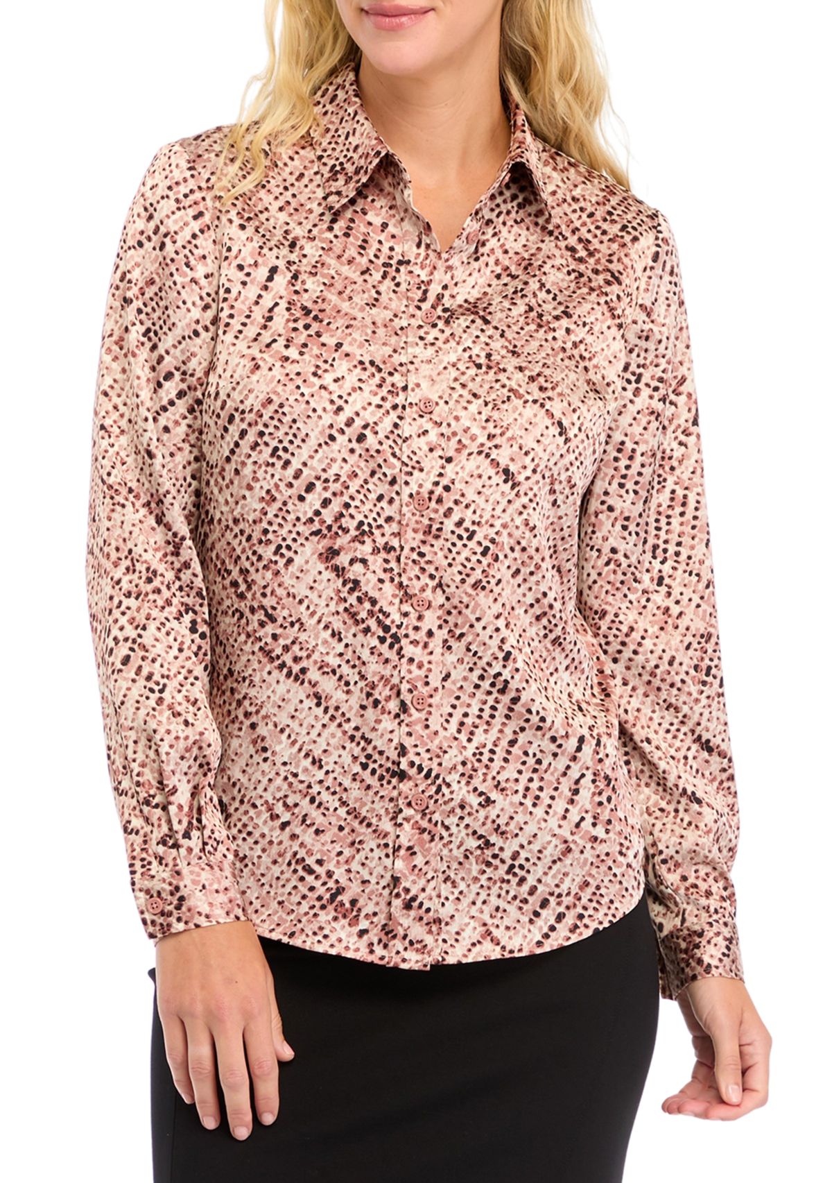 Petite Abstract Print Long Sleeve Button Front Blouse