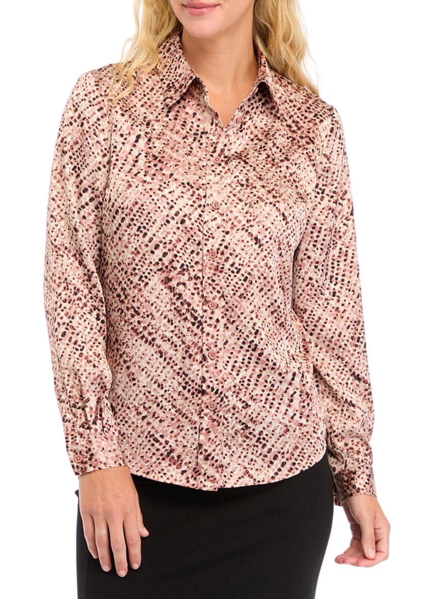 Petite Abstract Print Long Sleeve Button Front Blouse