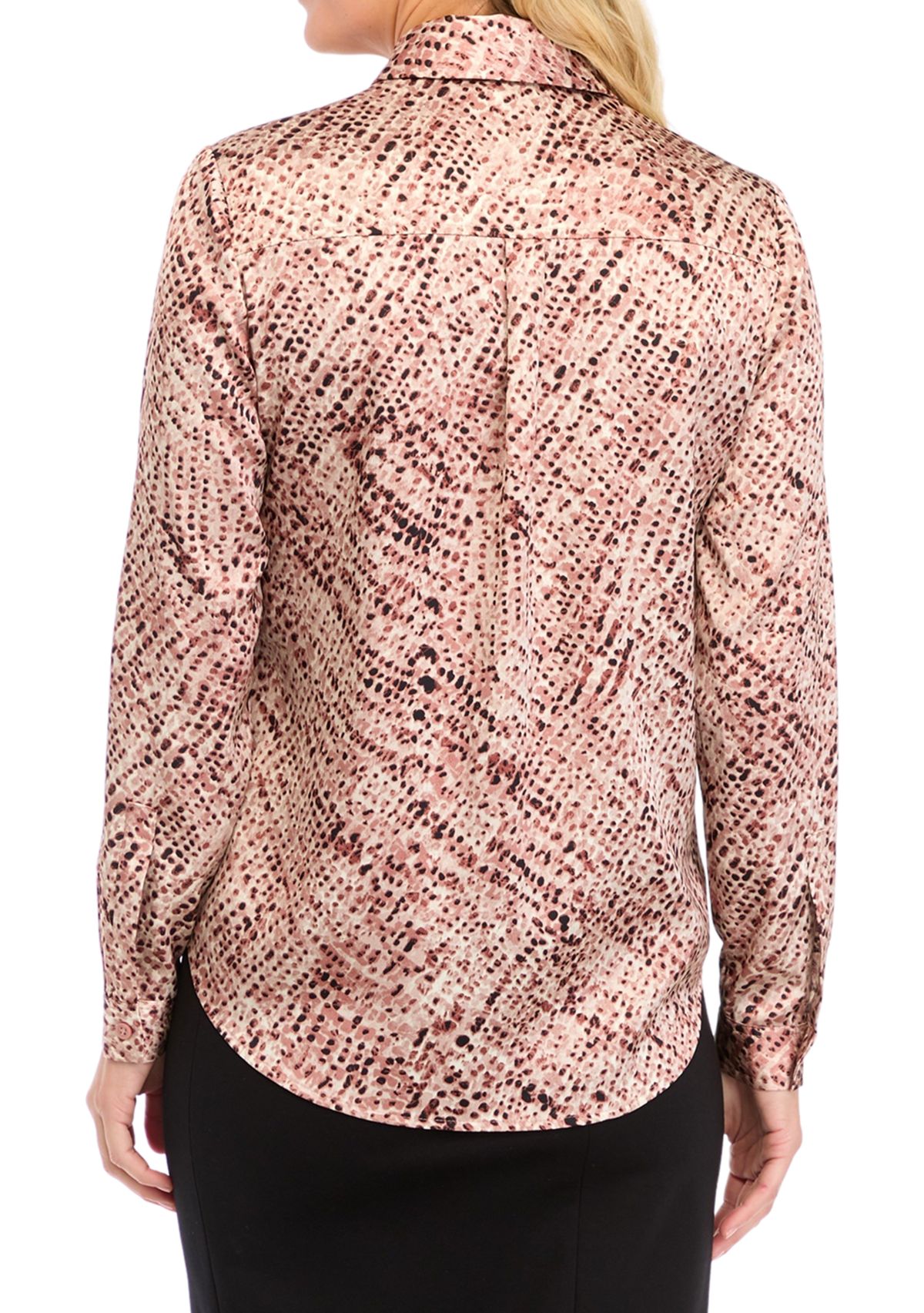 Petite Abstract Print Long Sleeve Button Front Blouse