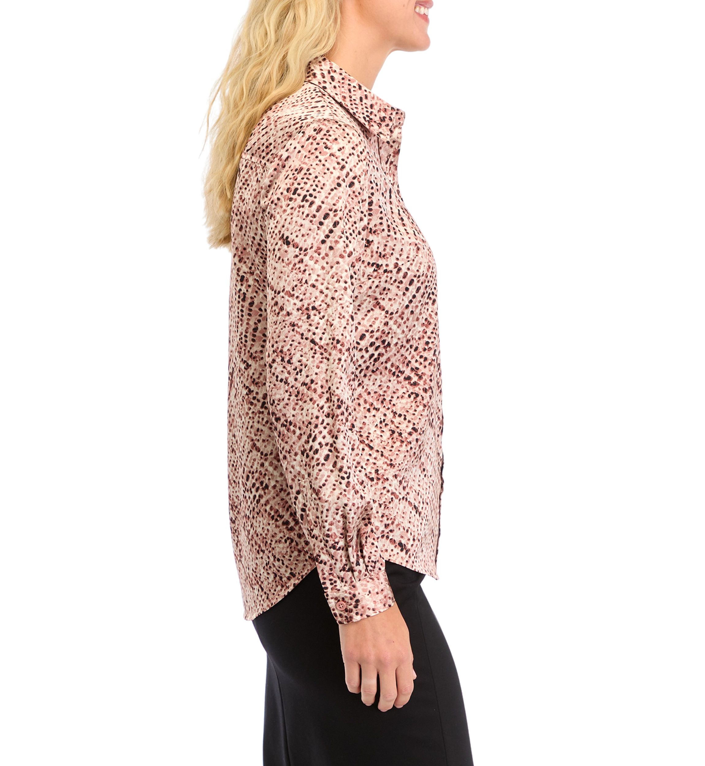 Petite Abstract Print Long Sleeve Button Front Blouse
