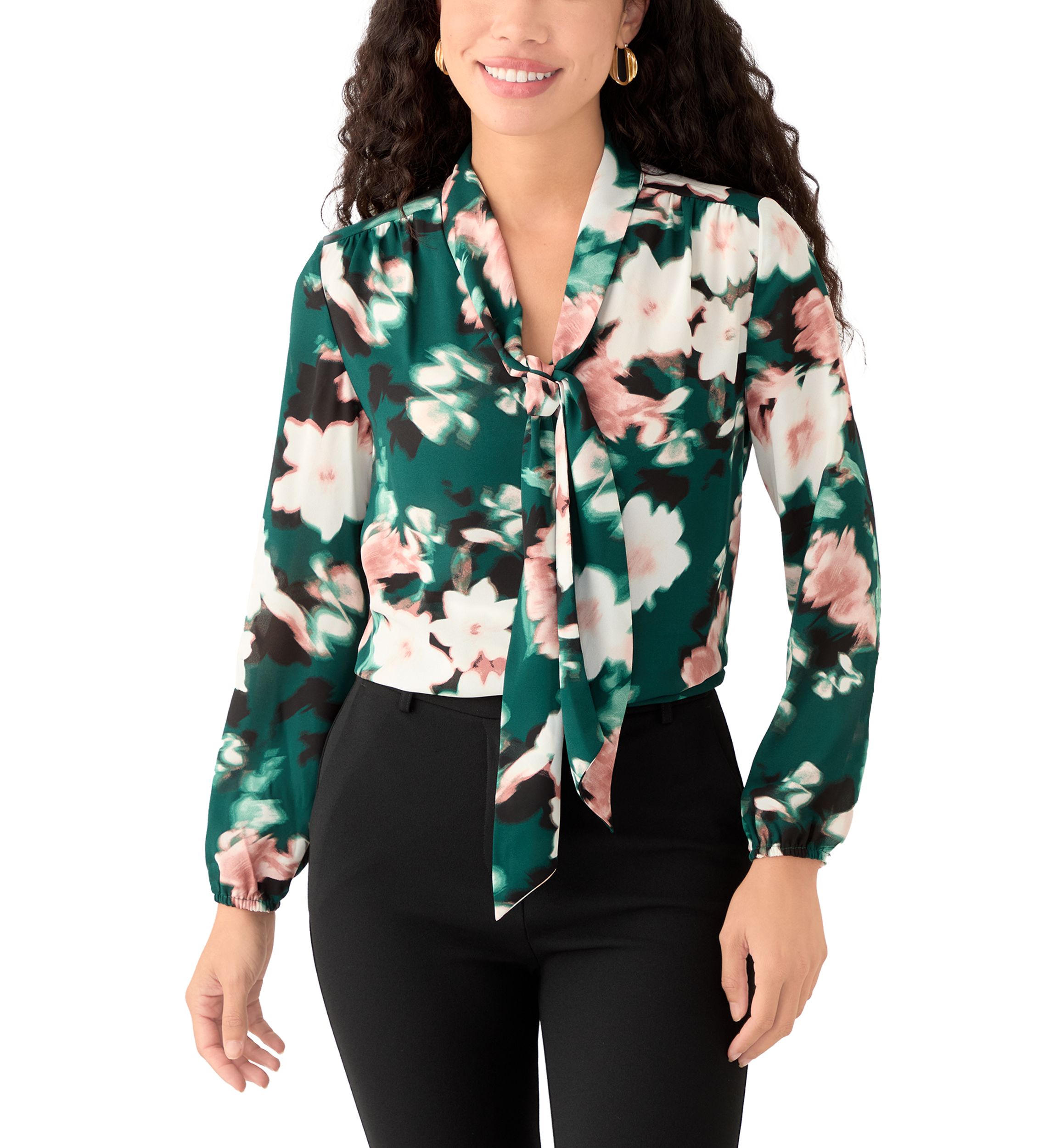 Petite Floral Print Long Sleeve Bow Blouse