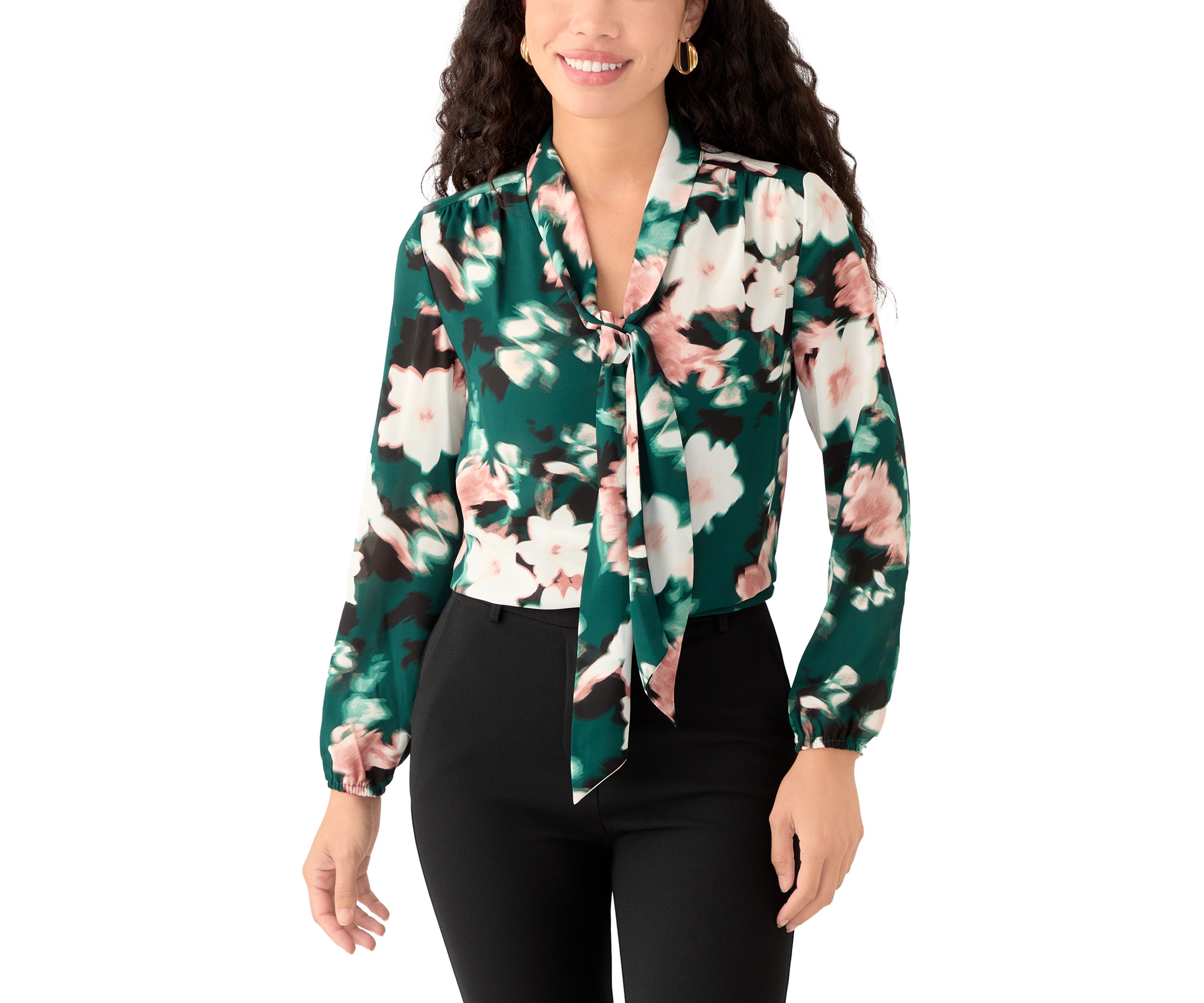 Petite Floral Print Long Sleeve Bow Blouse