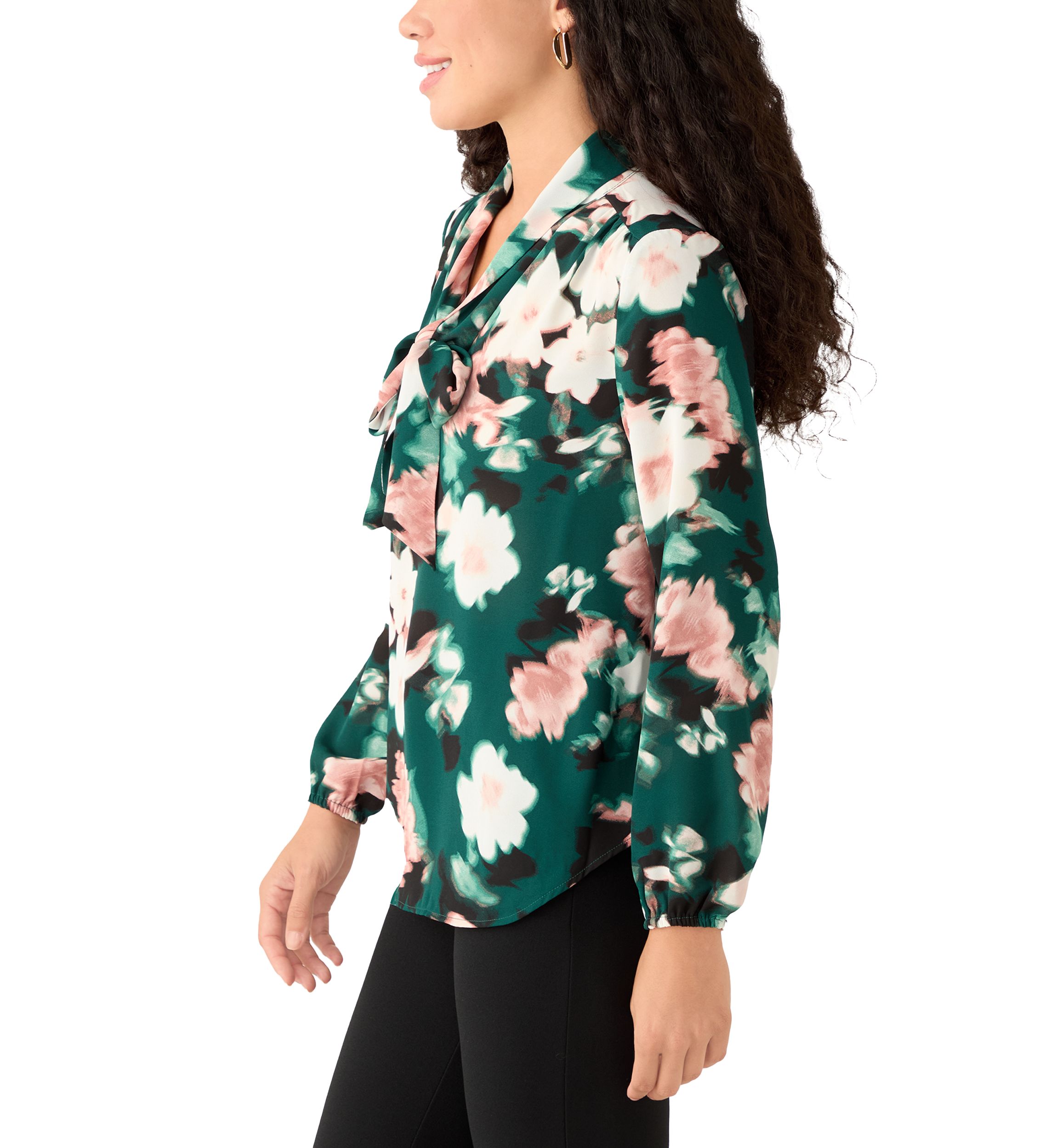 Petite Floral Print Long Sleeve Bow Blouse