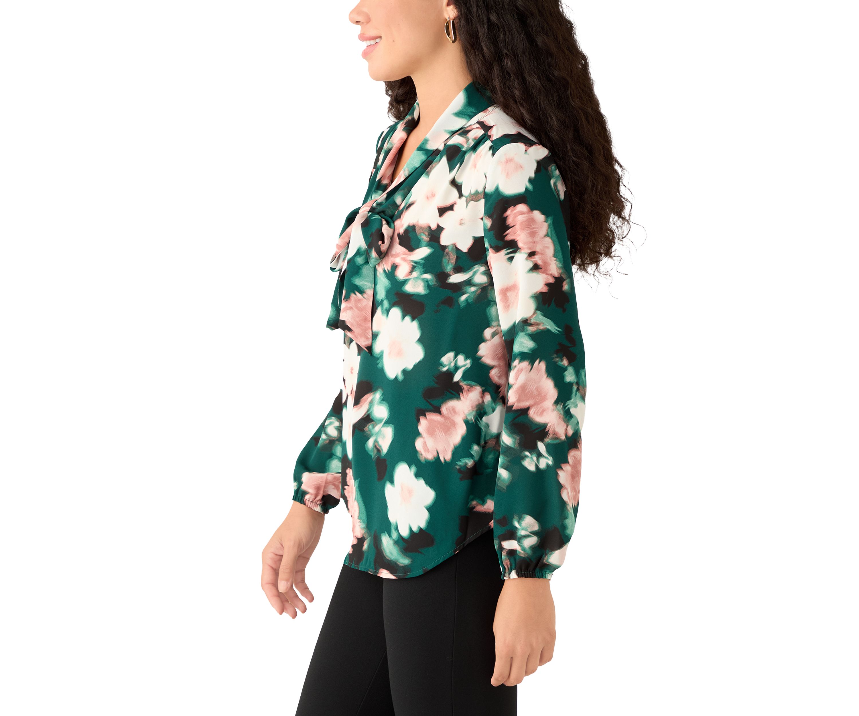 Petite Floral Print Long Sleeve Bow Blouse