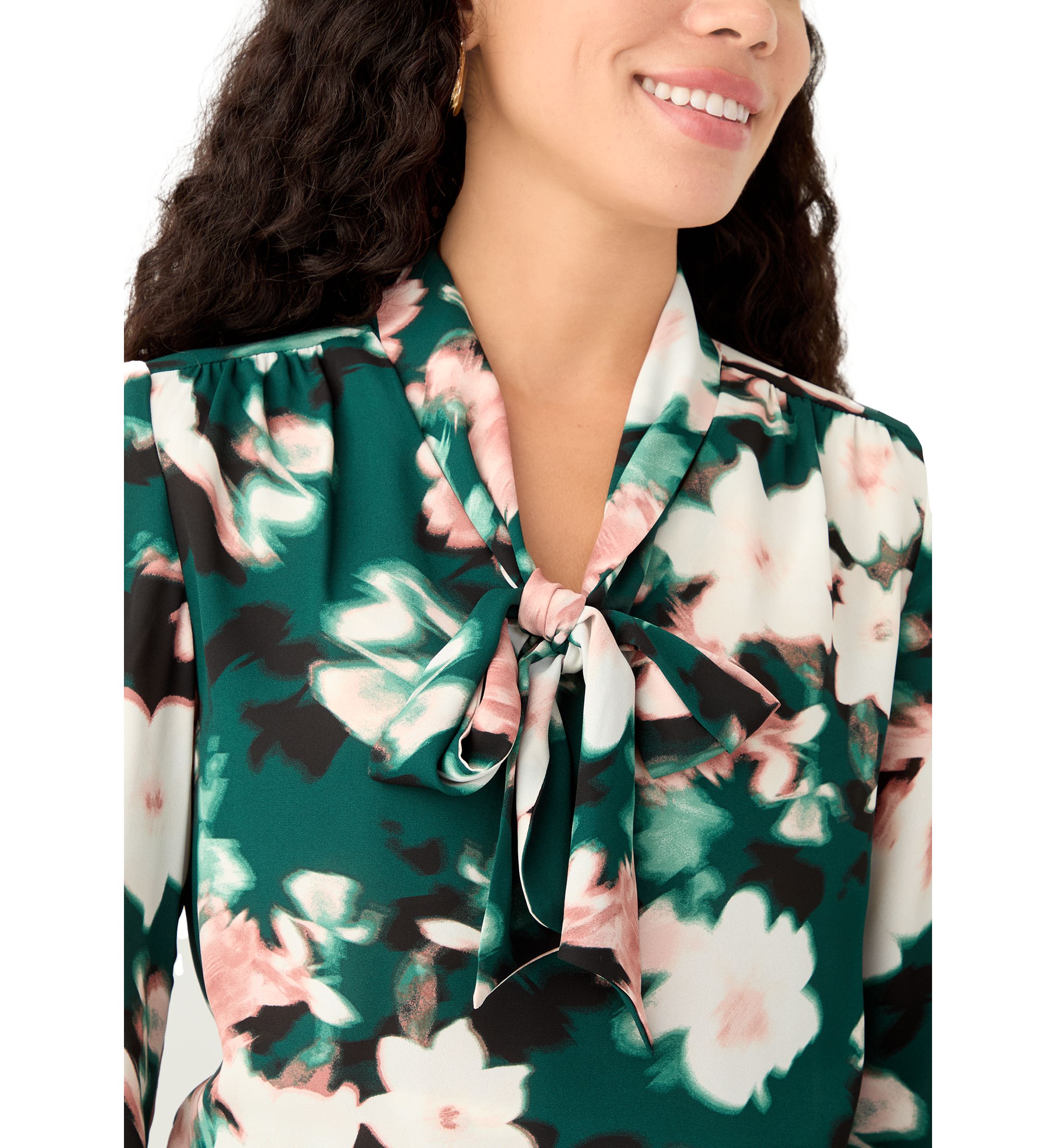 Petite Floral Print Long Sleeve Bow Blouse