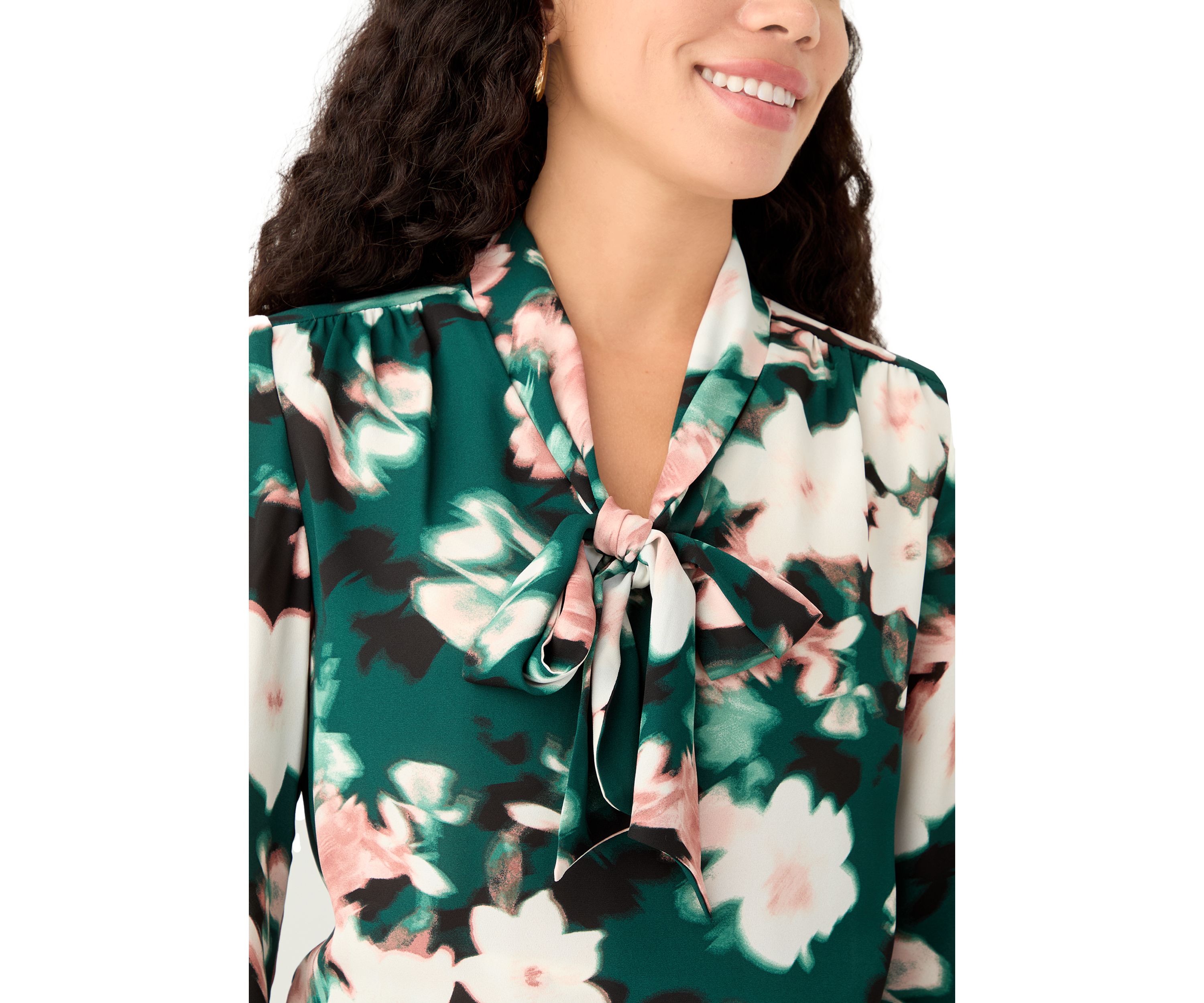 Petite Floral Print Long Sleeve Bow Blouse