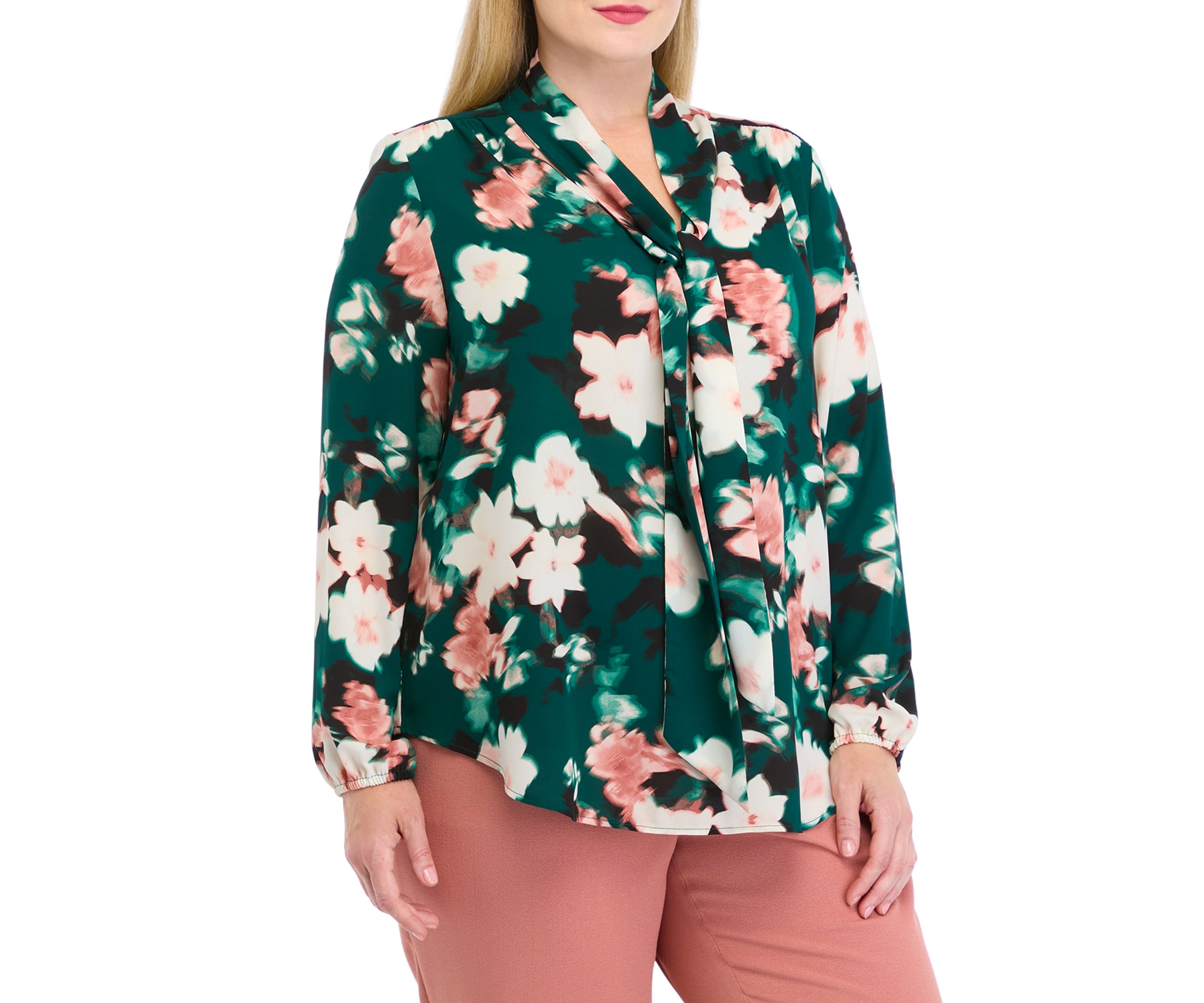 Plus Size Floral Print Long Sleeve Bow Blouse
