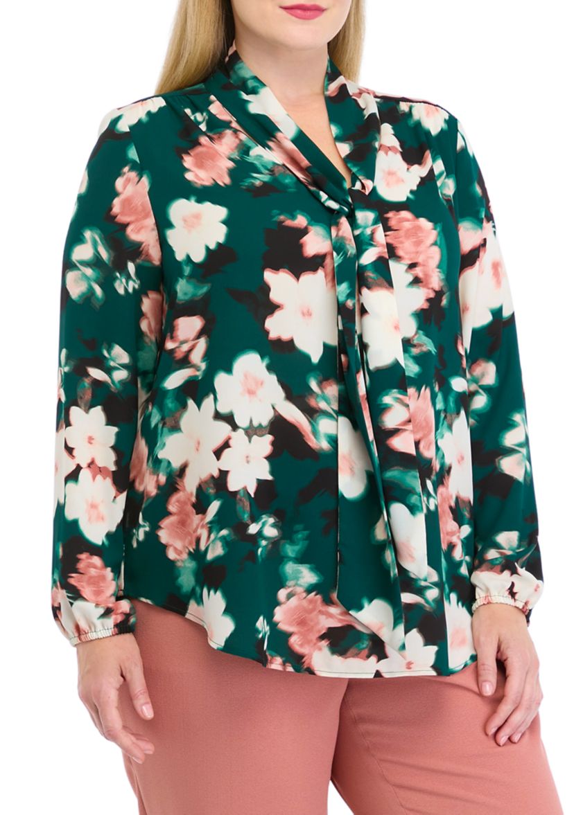 Plus Size Floral Print Long Sleeve Bow Blouse