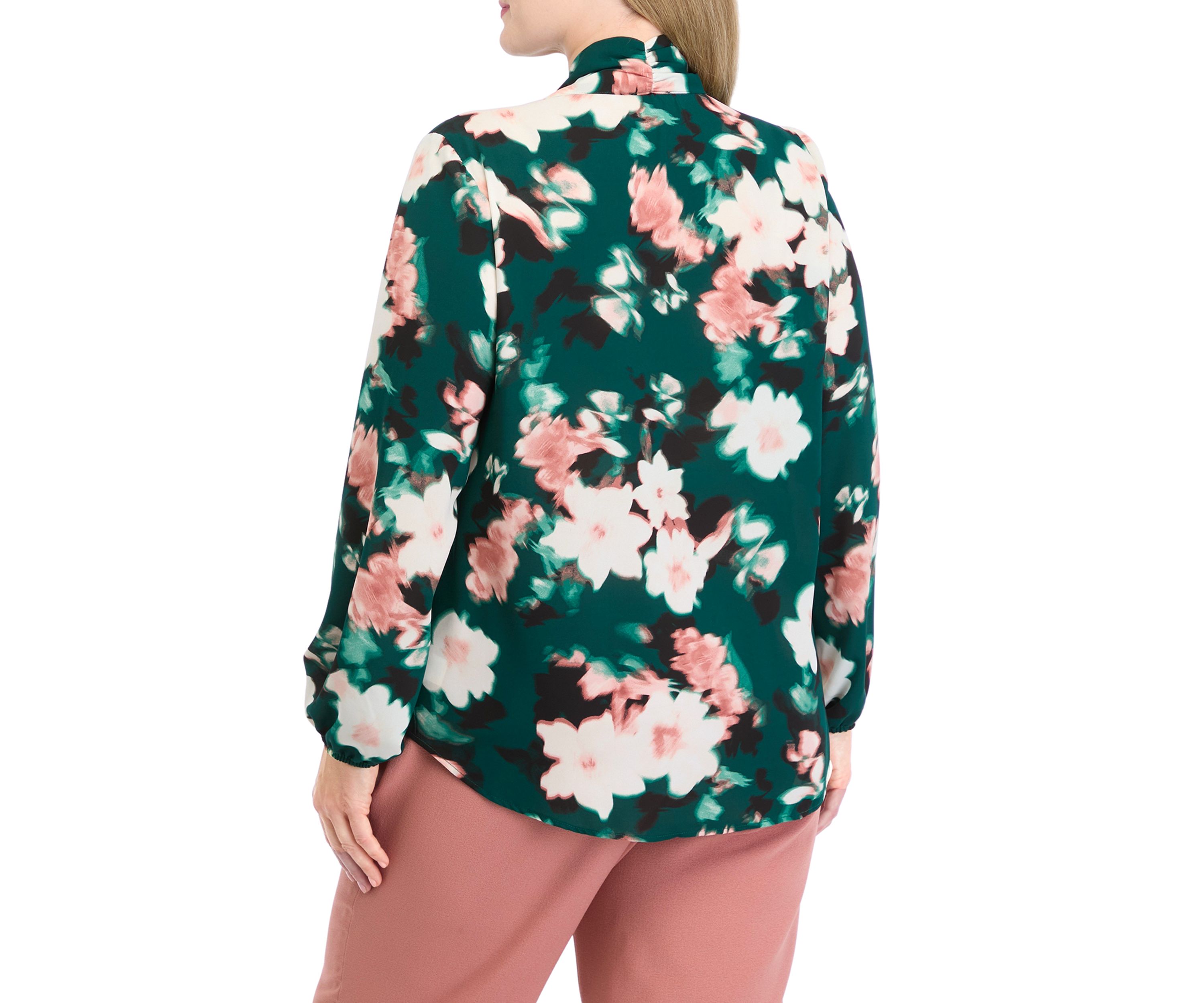 Plus Size Floral Print Long Sleeve Bow Blouse