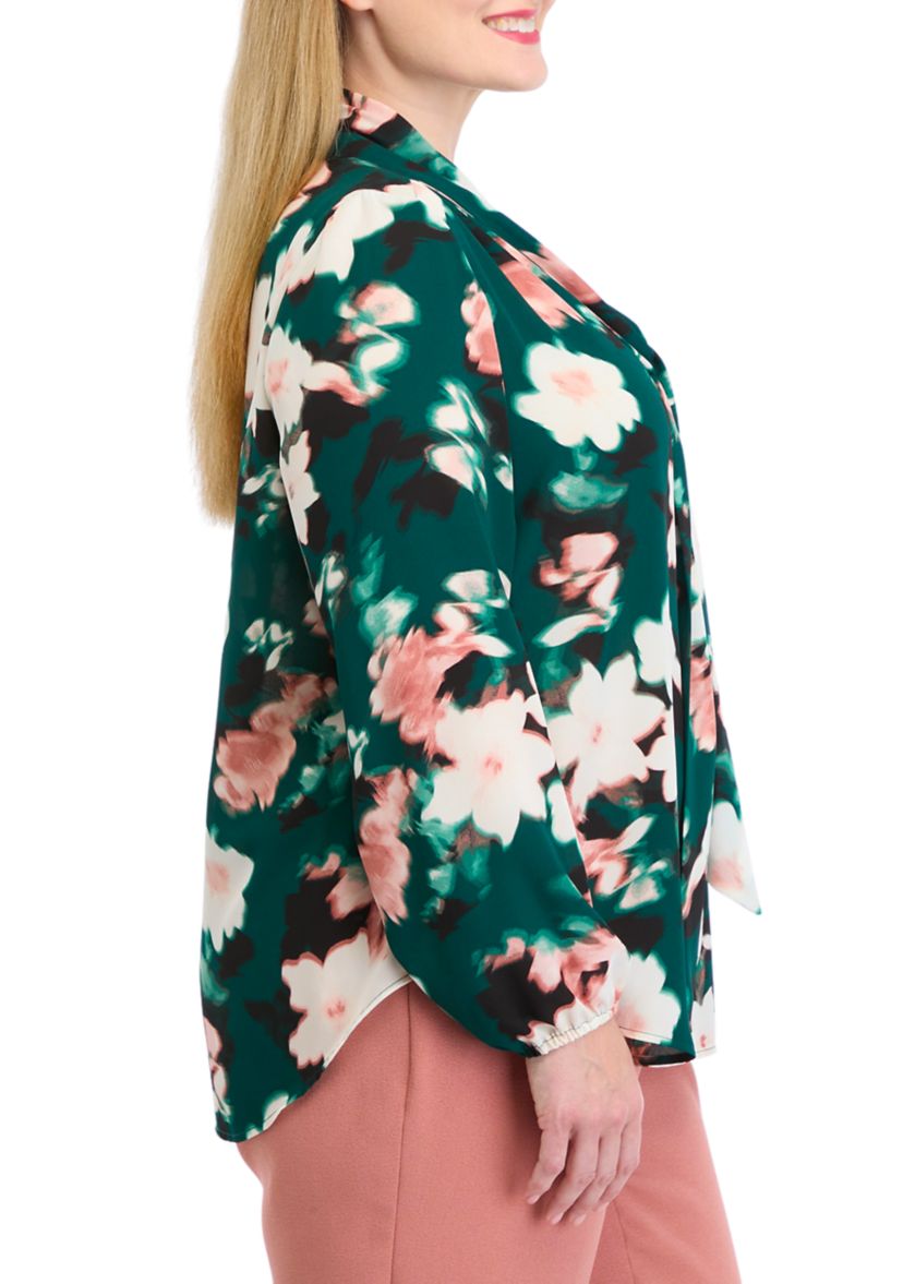 Plus Size Floral Print Long Sleeve Bow Blouse