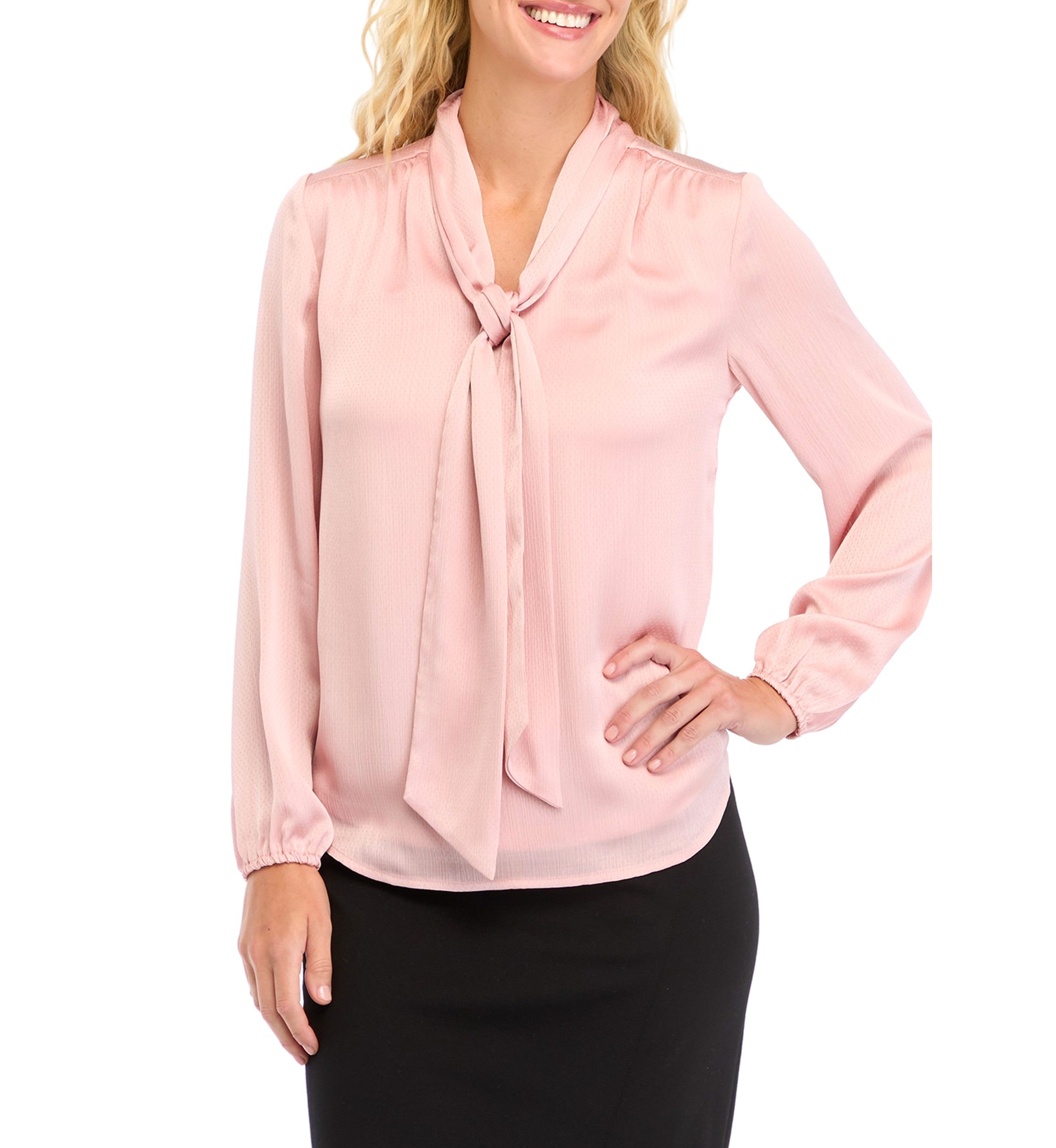 Petite Textured Crinkle Long Sleeve Bow Blouse