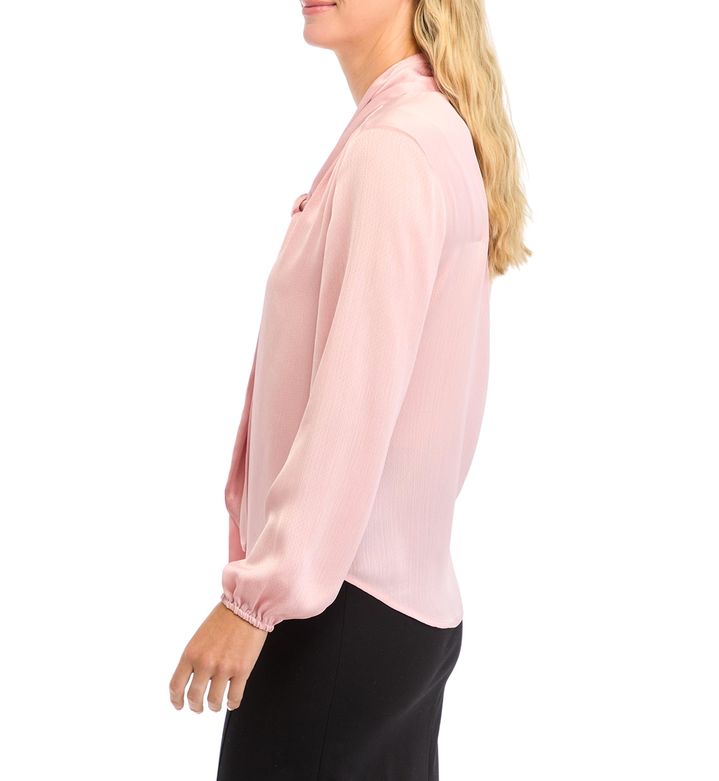 Petite Textured Crinkle Long Sleeve Bow Blouse