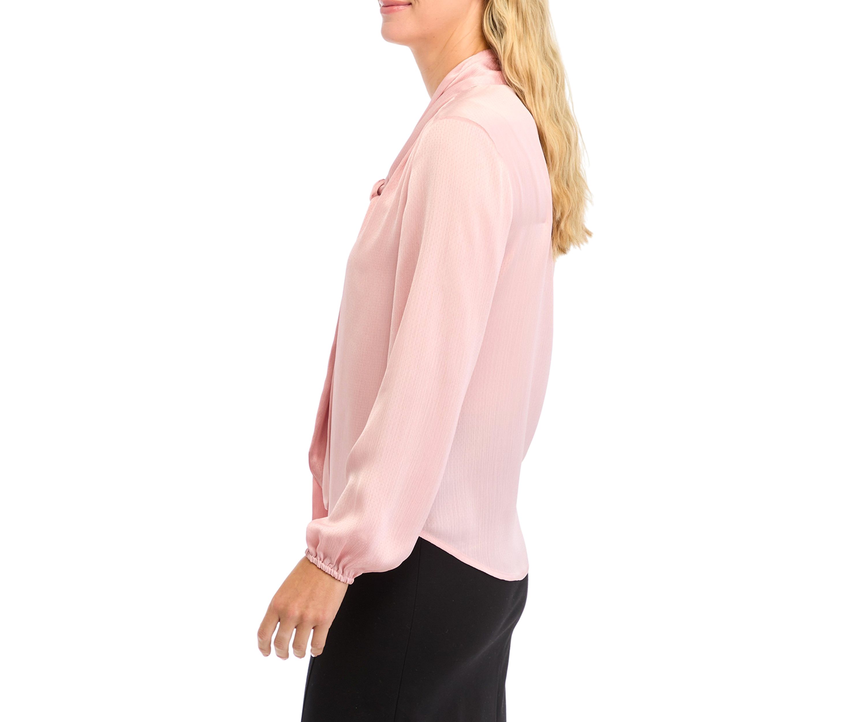 Petite Textured Crinkle Long Sleeve Bow Blouse