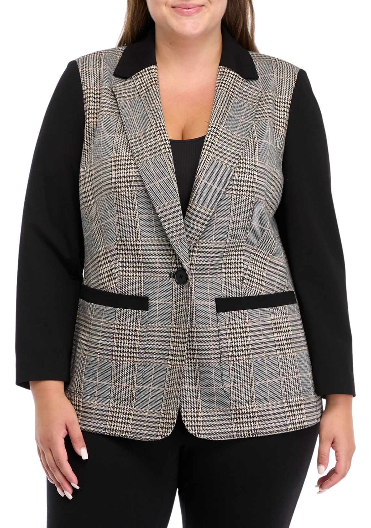 Plus Size One Button Notch Collar Jacket with Patch Pockets
