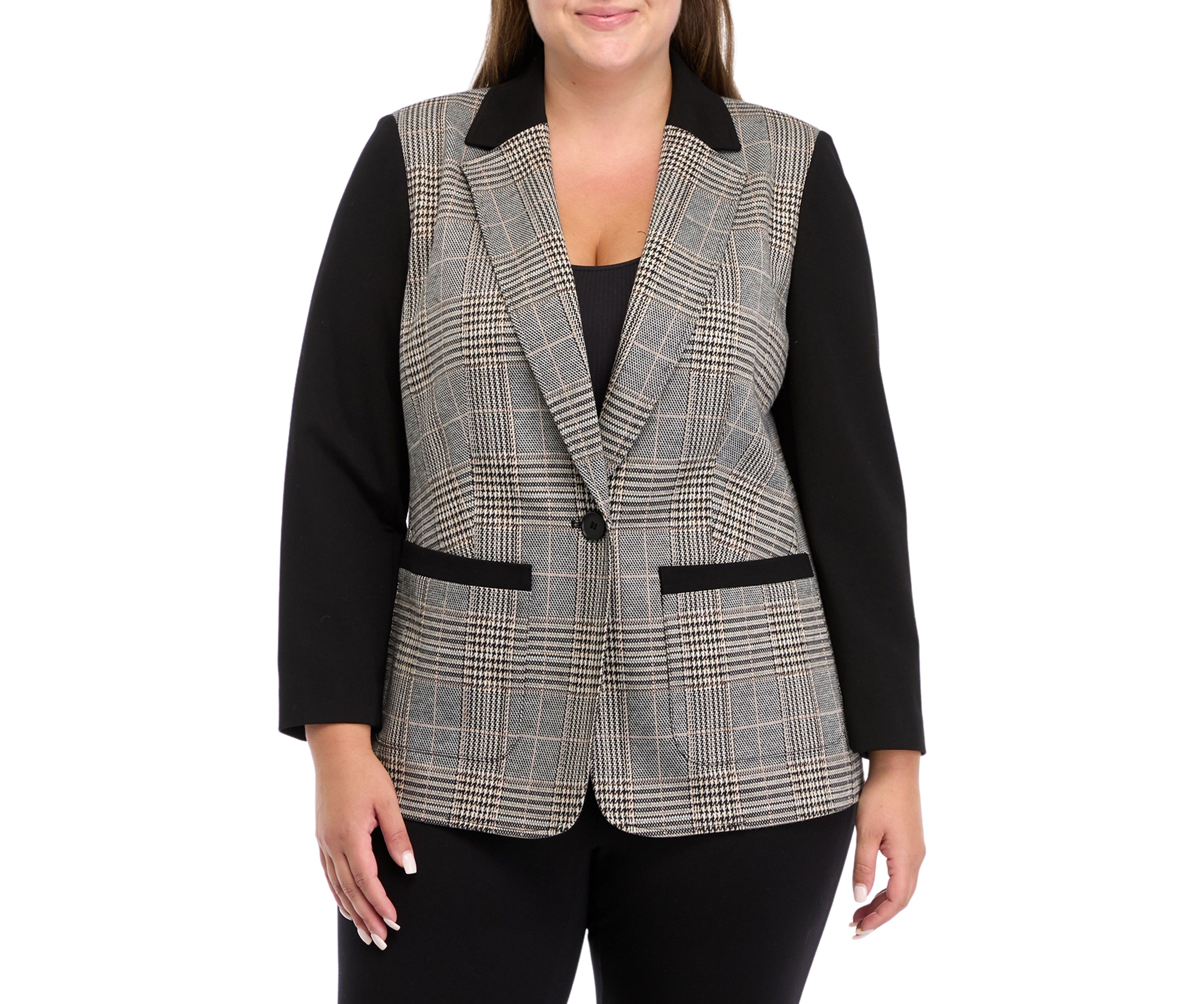 Plus Size One Button Notch Collar Jacket with Patch Pockets