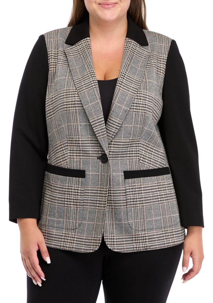 Plus Size One Button Notch Collar Jacket with Patch Pockets