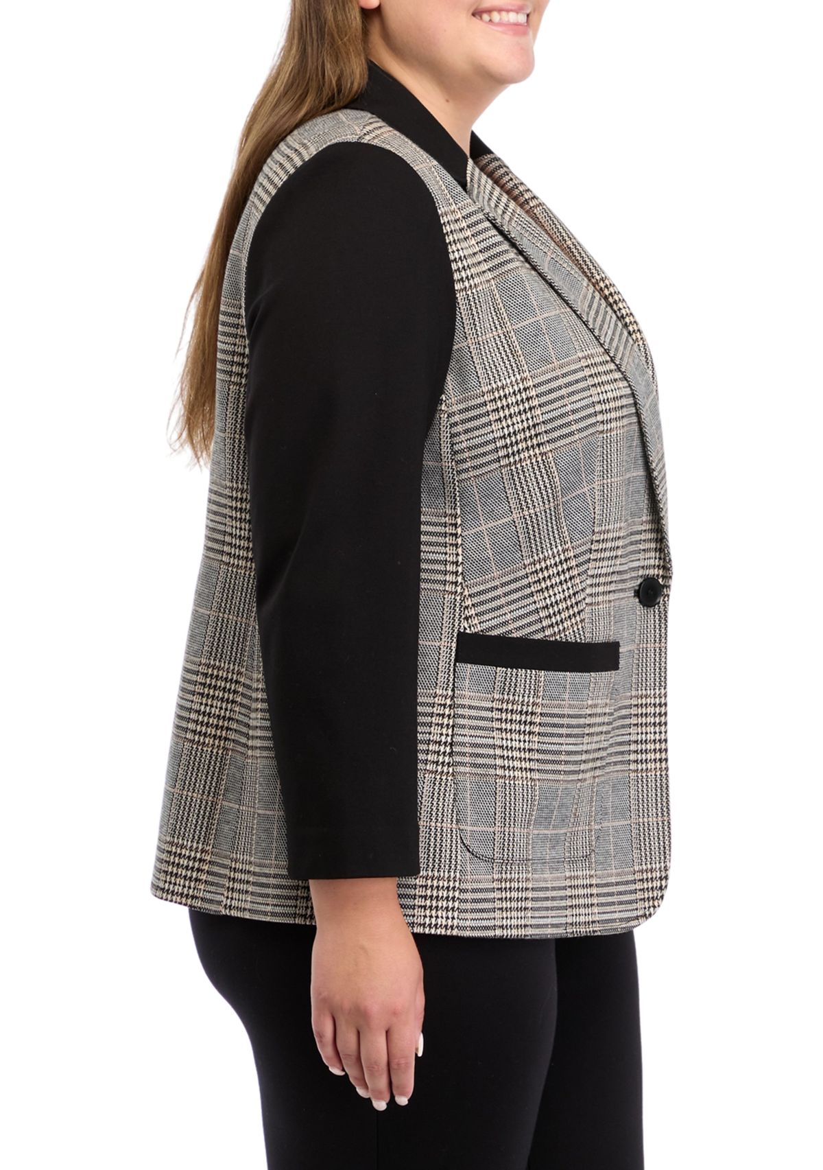 Plus Size One Button Notch Collar Jacket with Patch Pockets