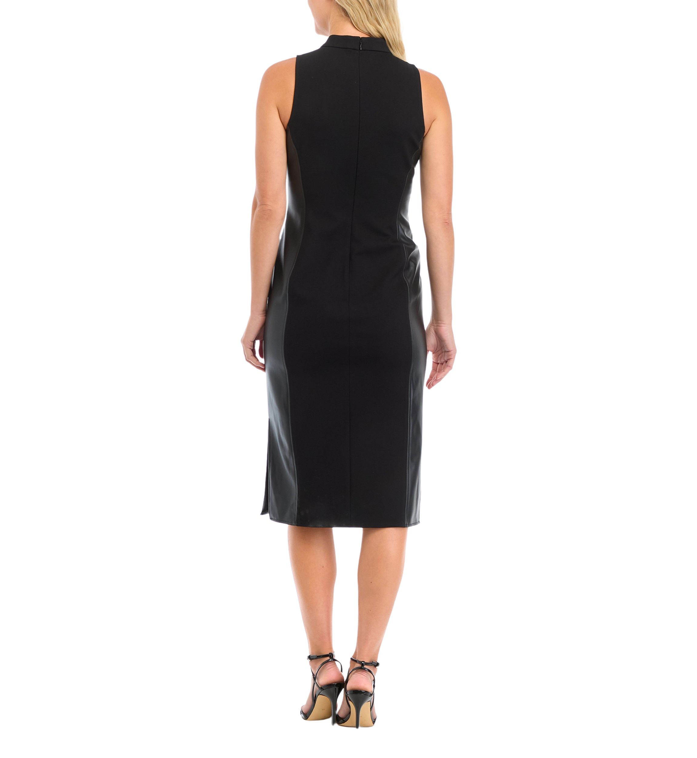 Womens Sleeveless Mock Neck Midi Dress with Leather Panels