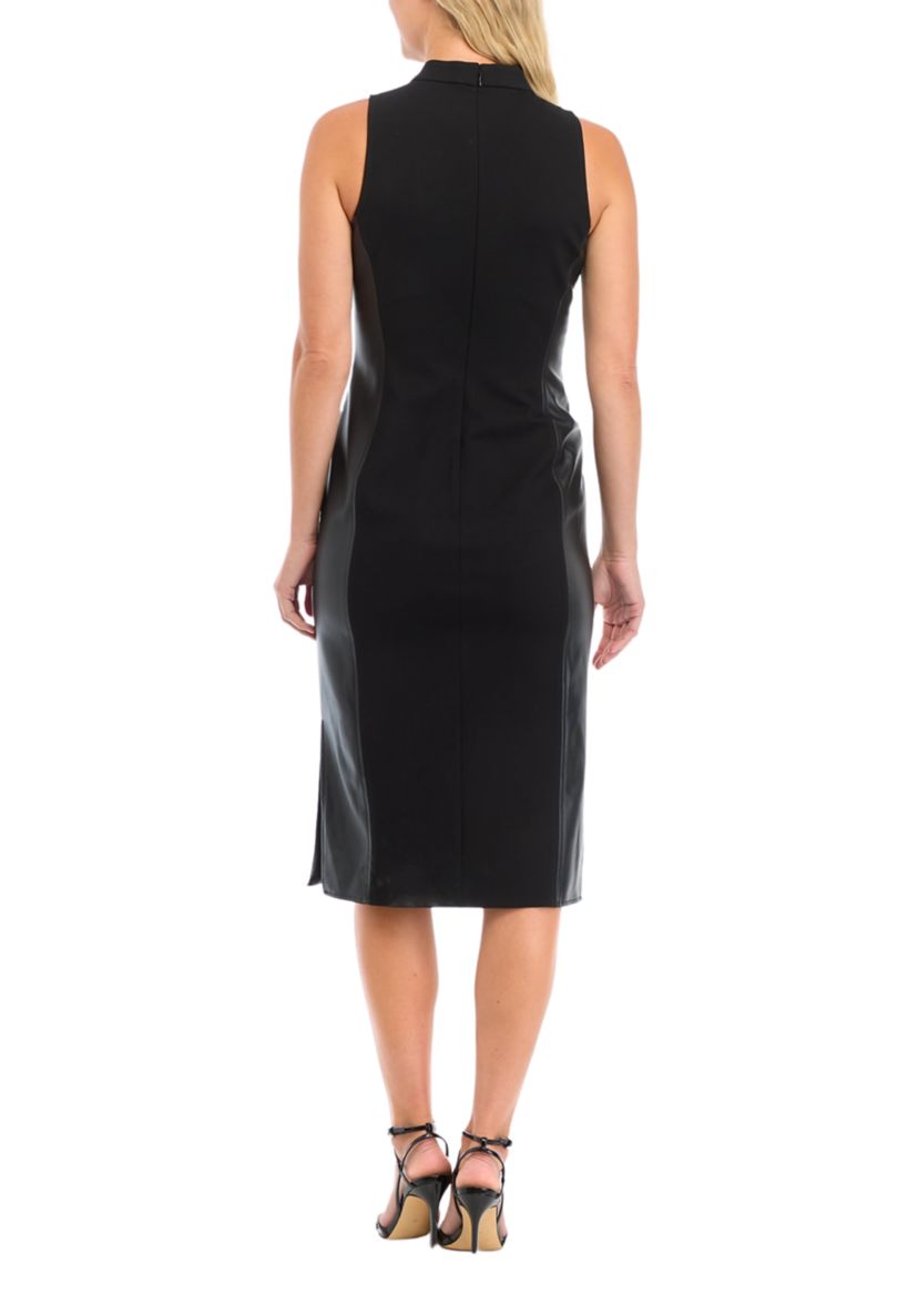Womens Sleeveless Mock Neck Midi Dress with Leather Panels