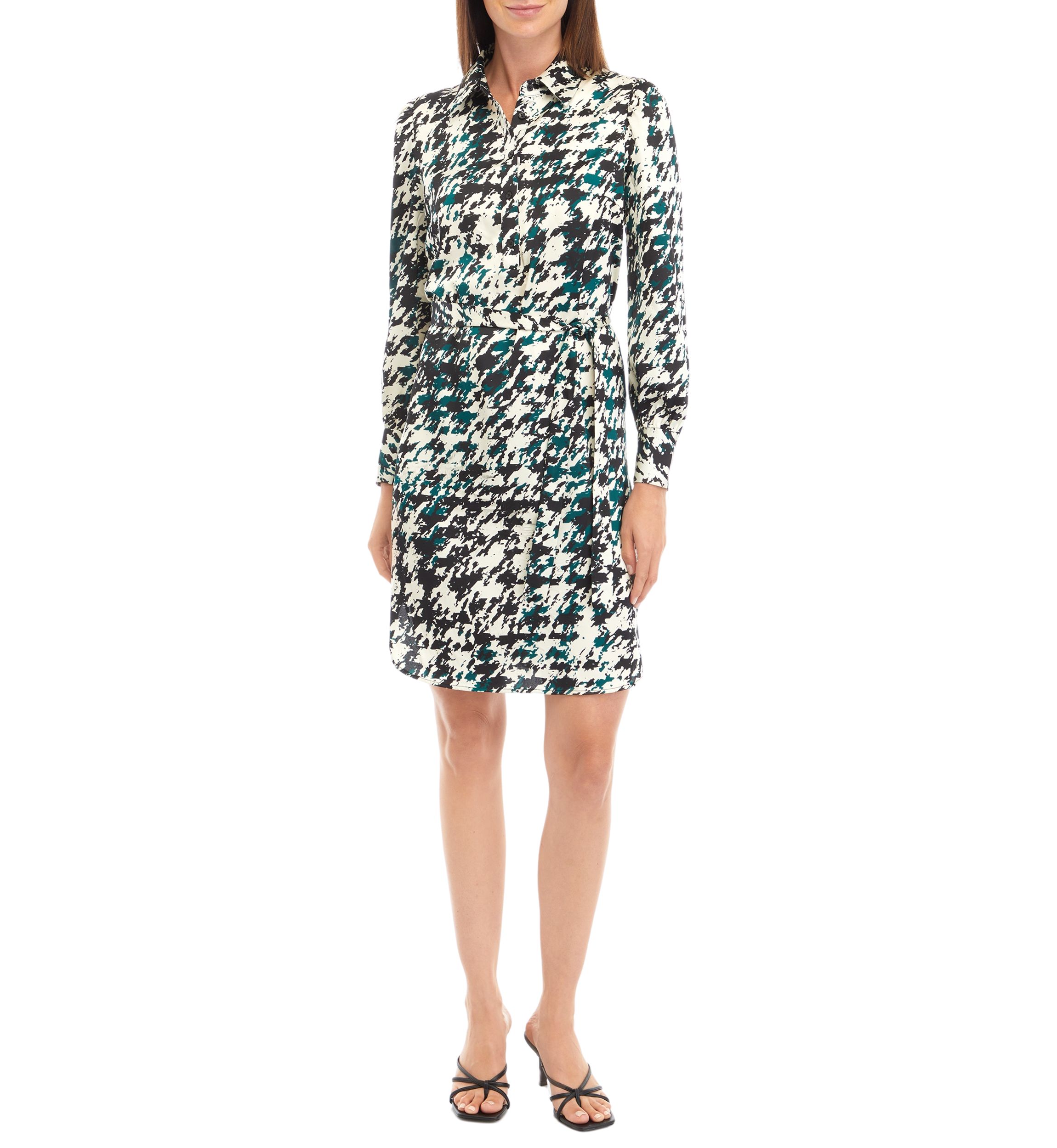 Petite Houndstooth Print Long Sleeve Shirtdress