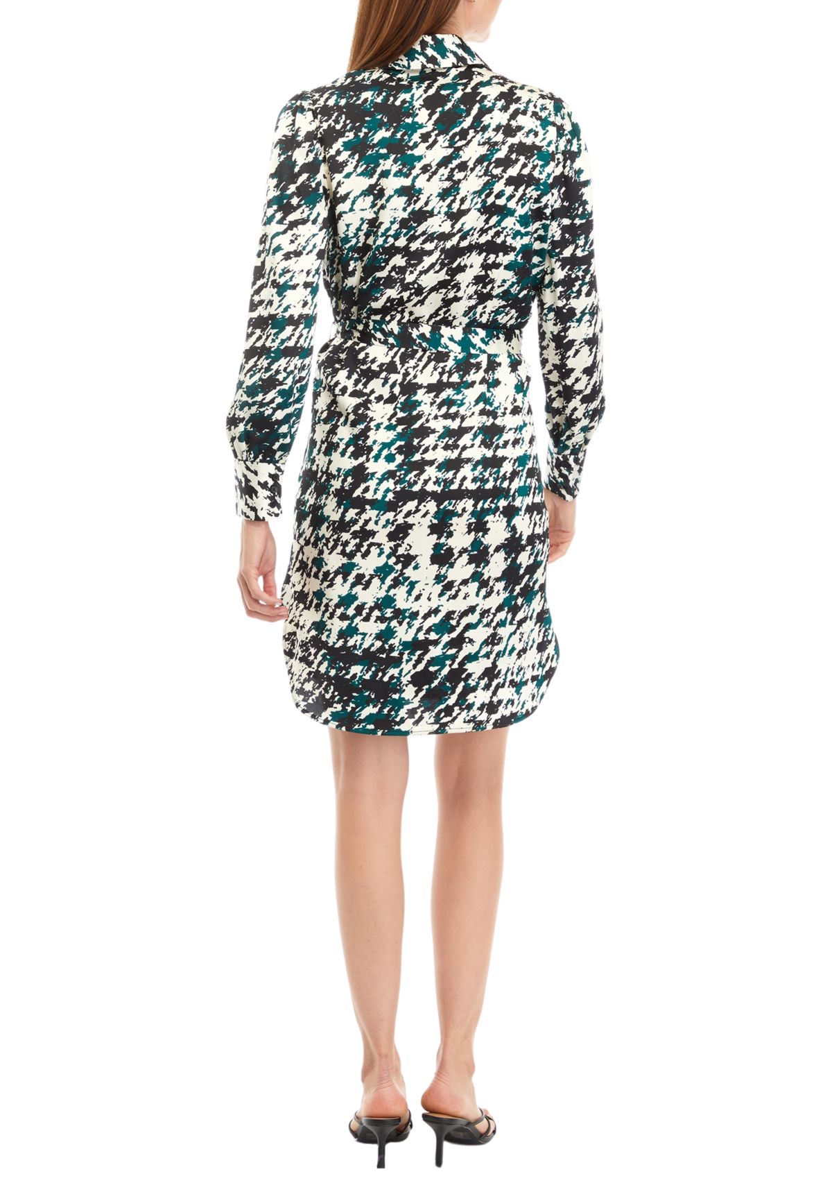 Petite Houndstooth Print Long Sleeve Shirtdress