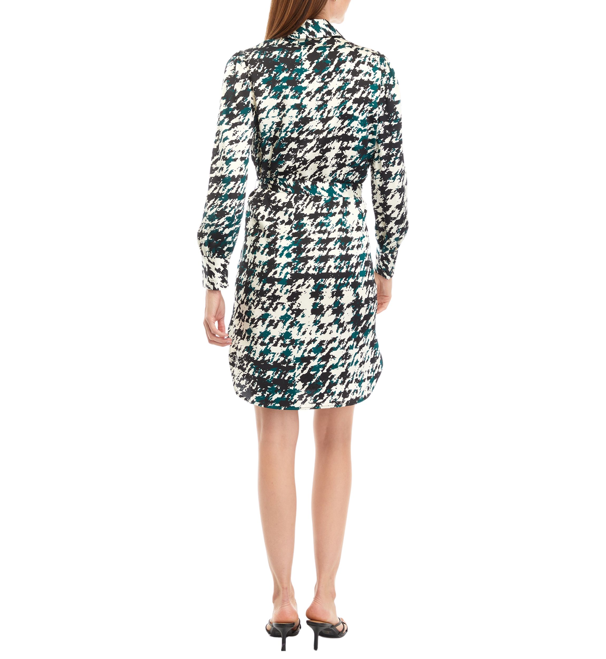 Petite Houndstooth Print Long Sleeve Shirtdress