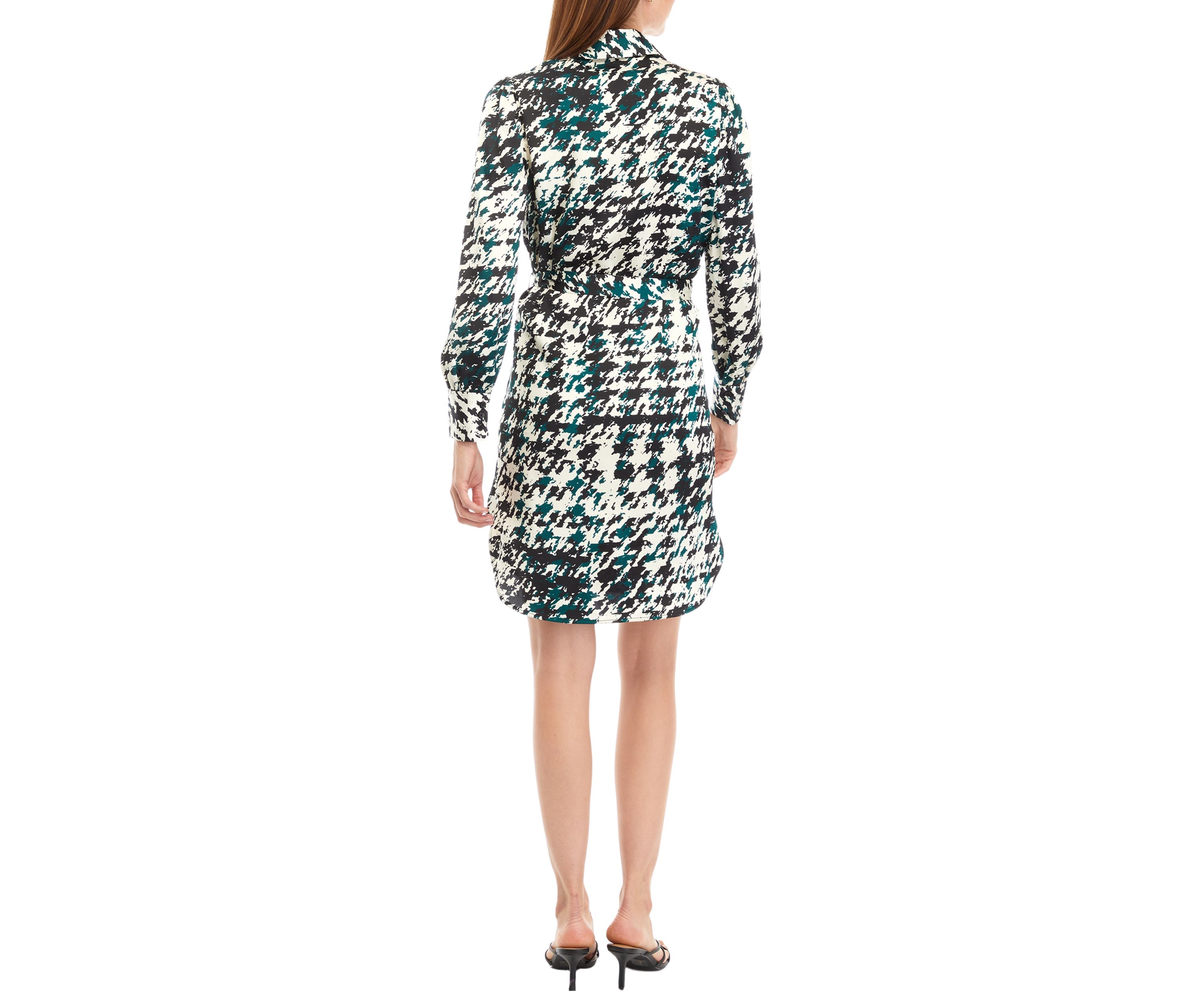 Petite Houndstooth Print Long Sleeve Shirtdress