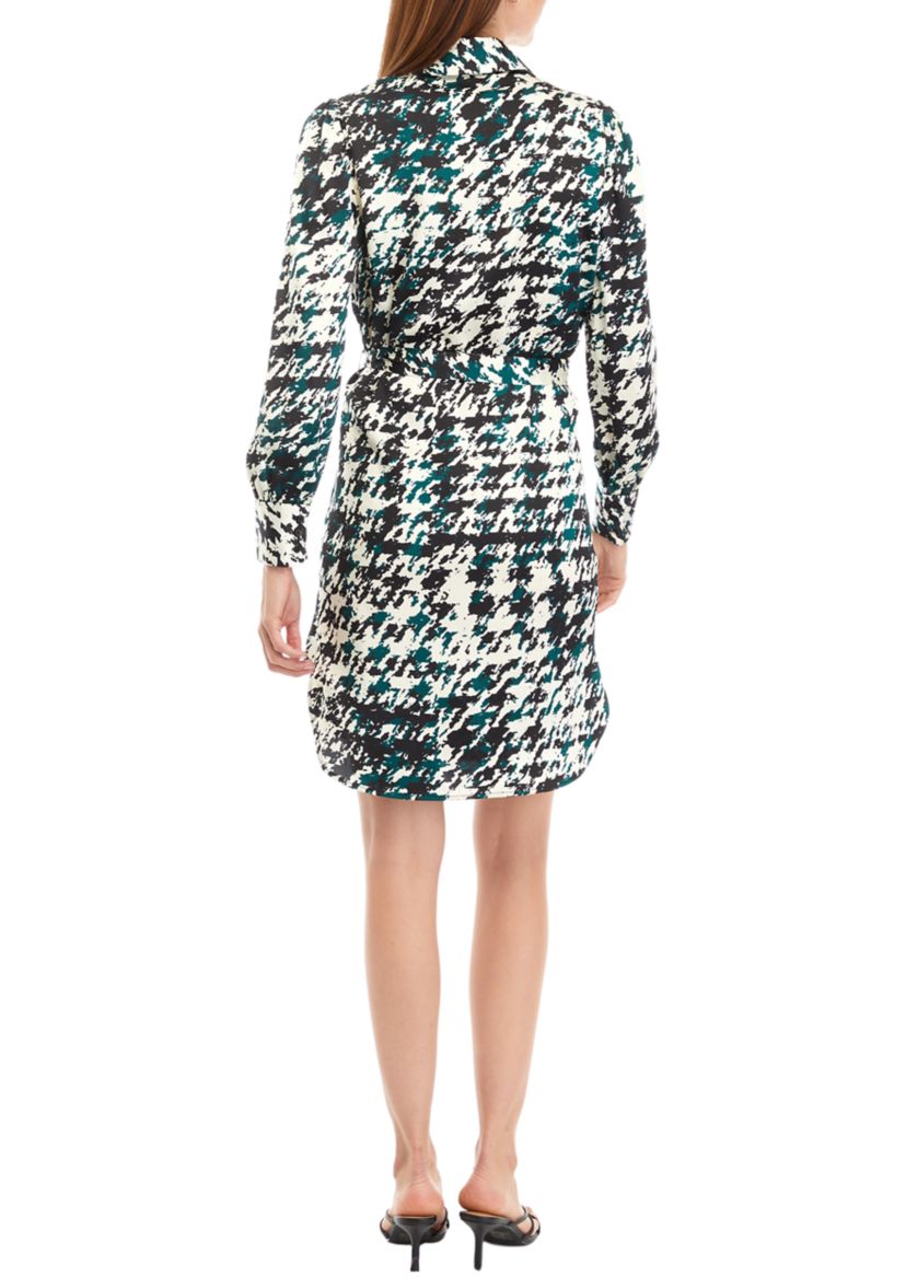 Petite Houndstooth Print Long Sleeve Shirtdress
