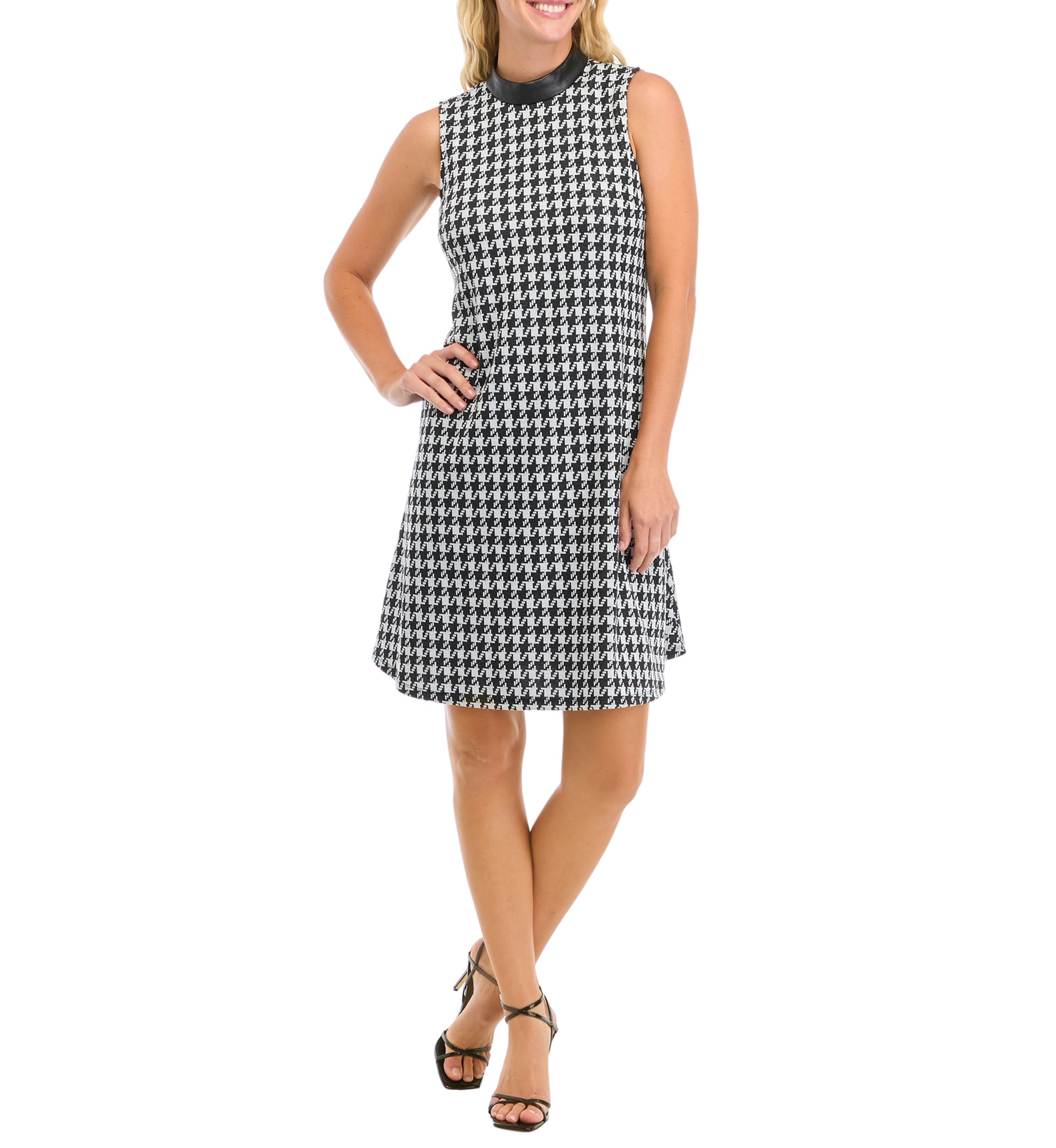Womens Sleeveless Houndstooth Dress with Leather Mock Neck