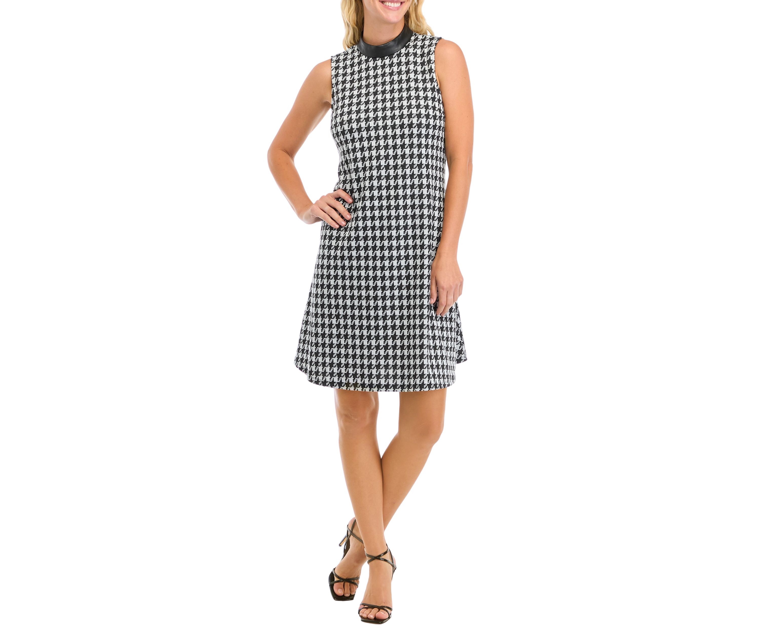 Womens Sleeveless Houndstooth Dress with Leather Mock Neck