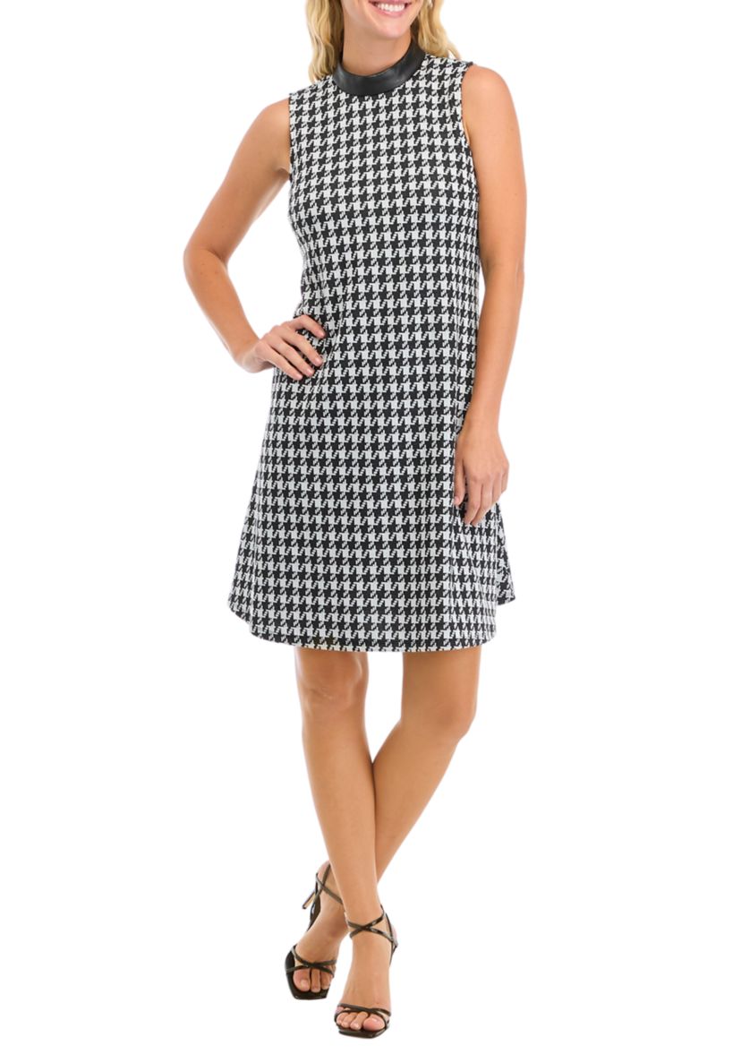 Womens Sleeveless Houndstooth Dress with Leather Mock Neck