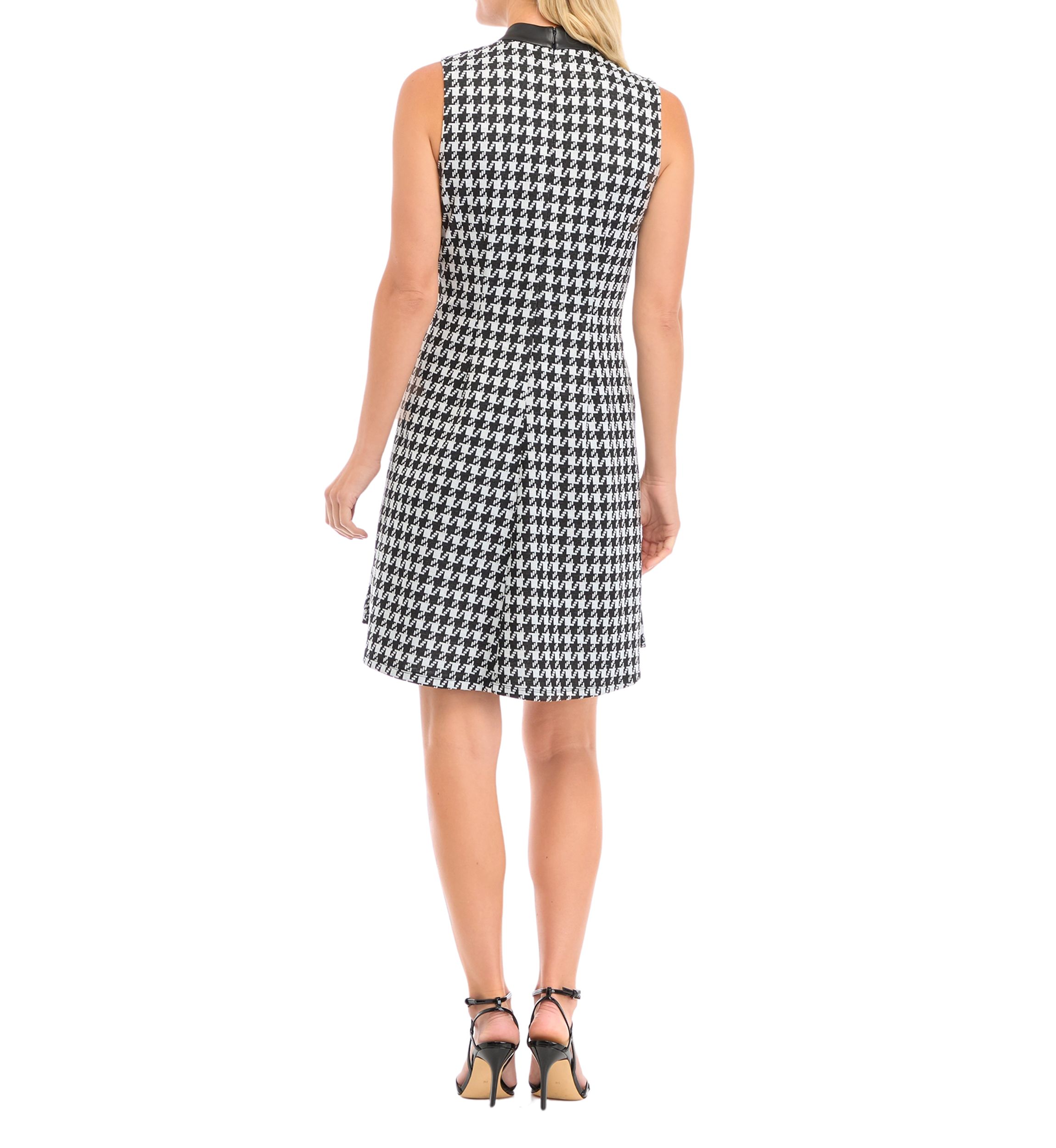 Womens Sleeveless Houndstooth Dress with Leather Mock Neck