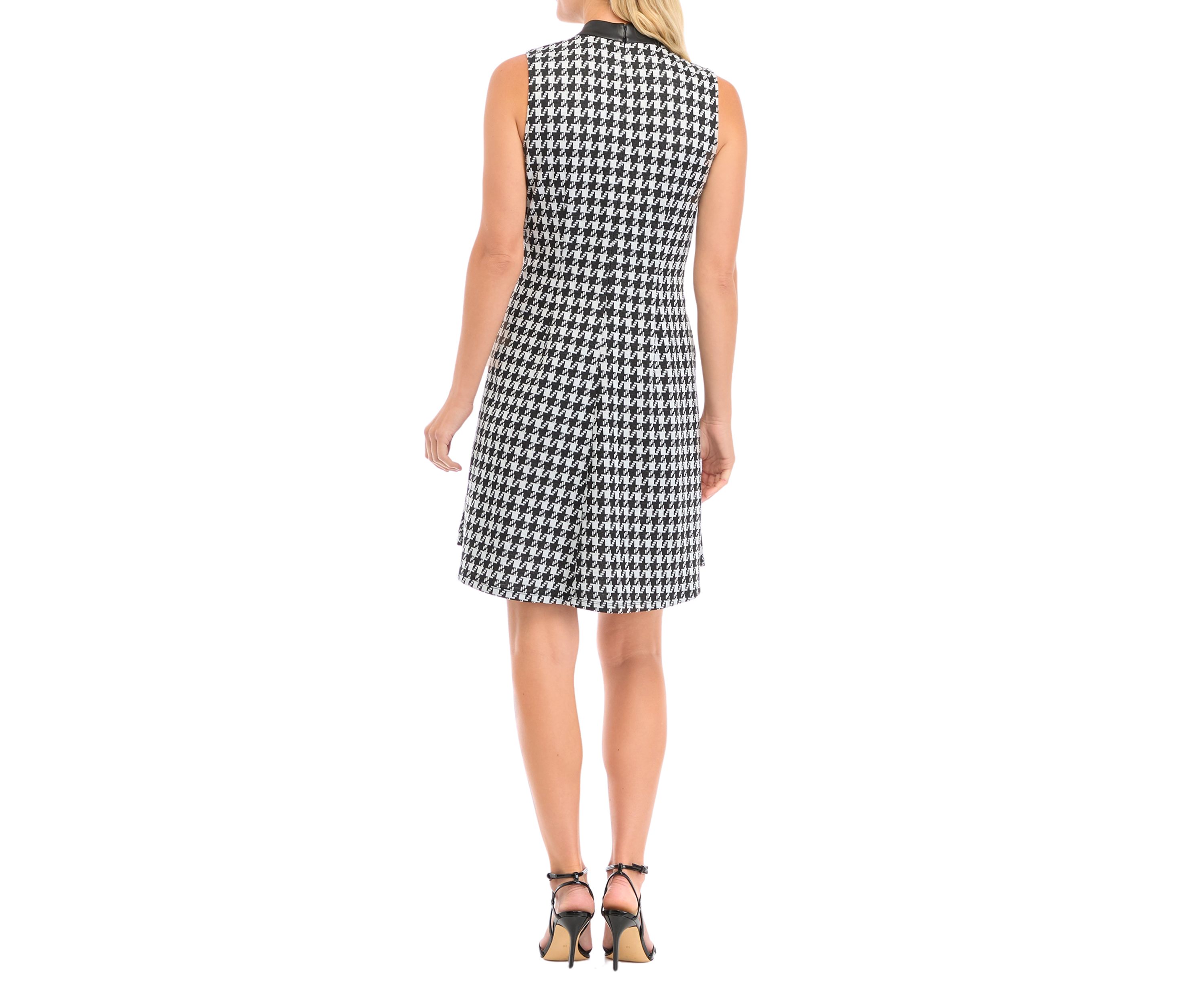 Womens Sleeveless Houndstooth Dress with Leather Mock Neck