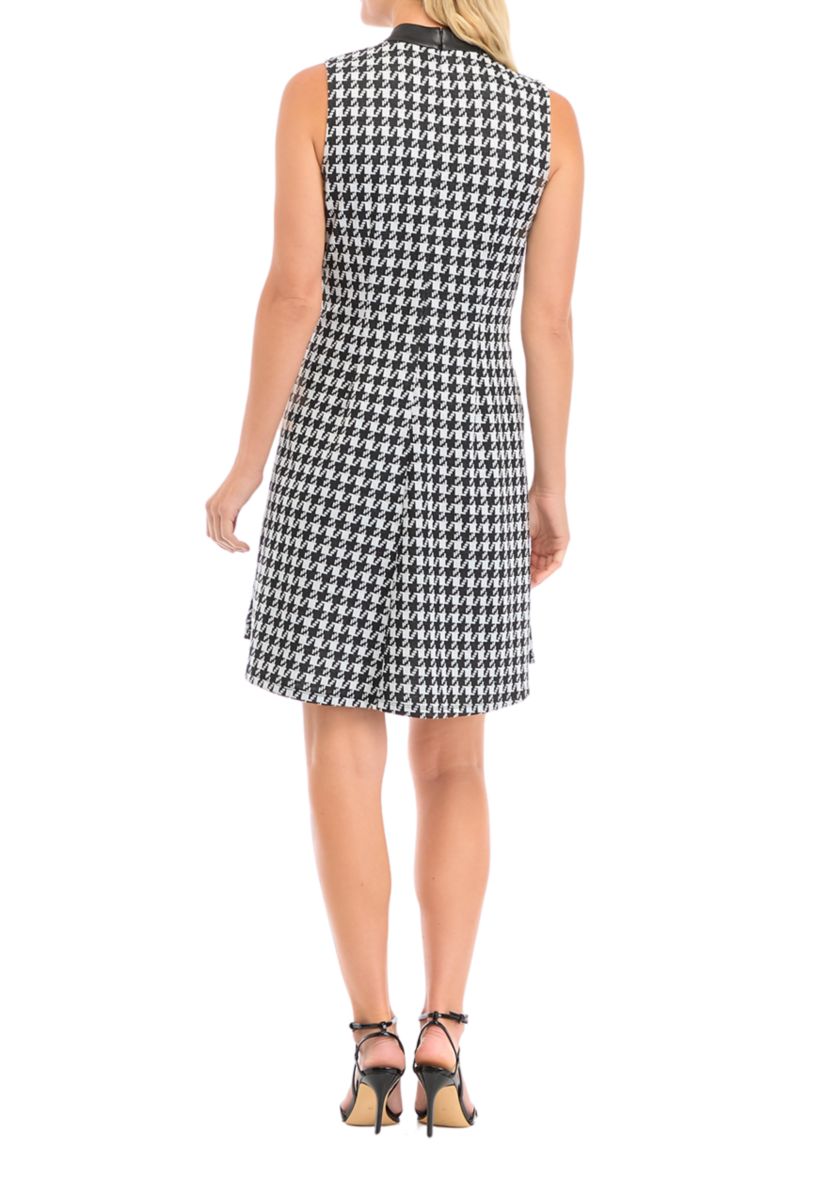 Womens Sleeveless Houndstooth Dress with Leather Mock Neck