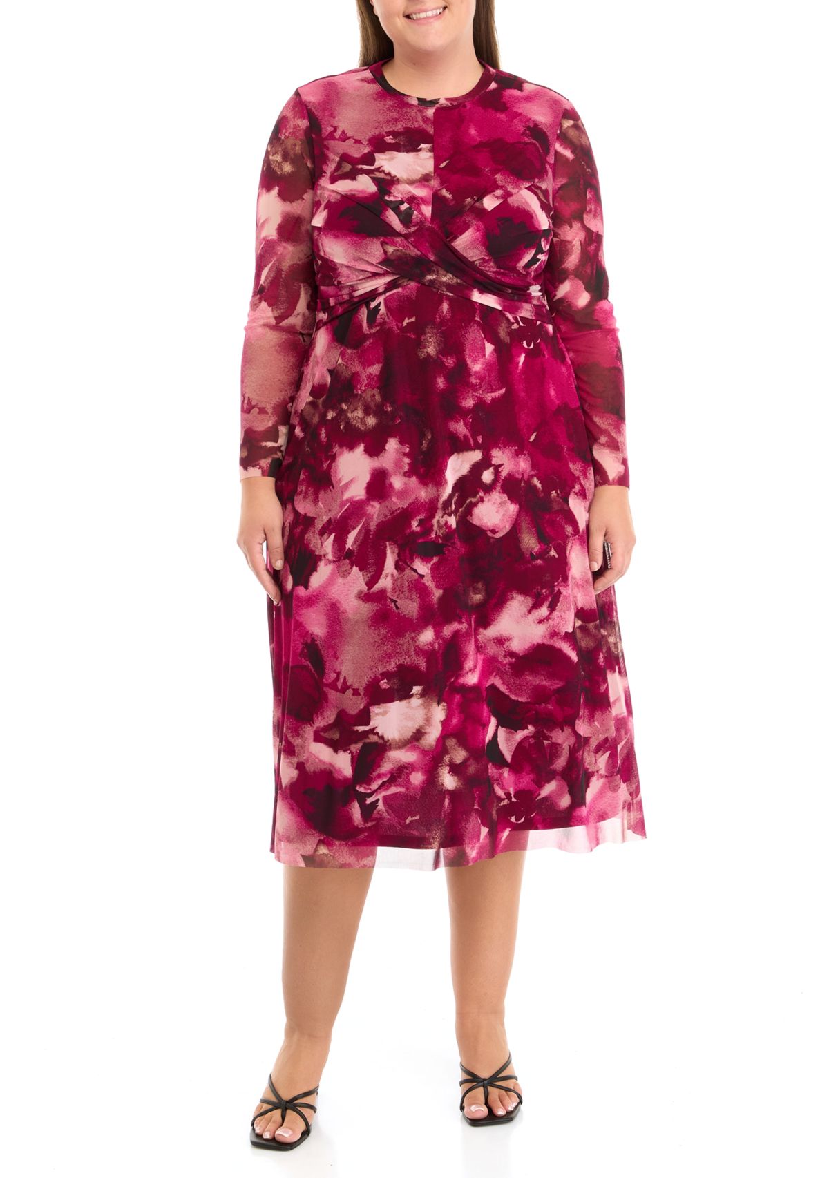 Plus Size Floral Print Twist Front Mesh Dress