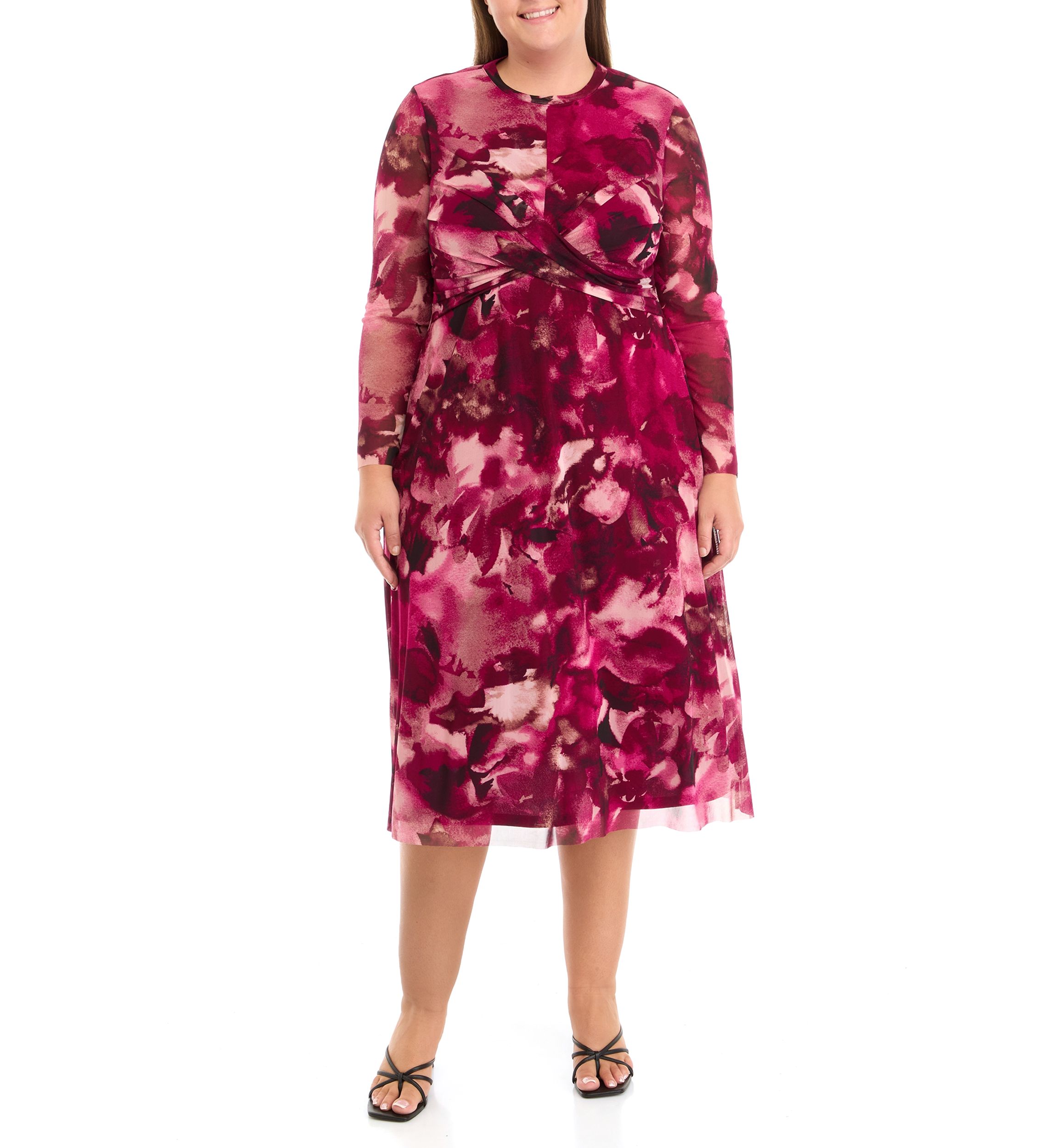 Plus Size Floral Print Twist Front Mesh Dress