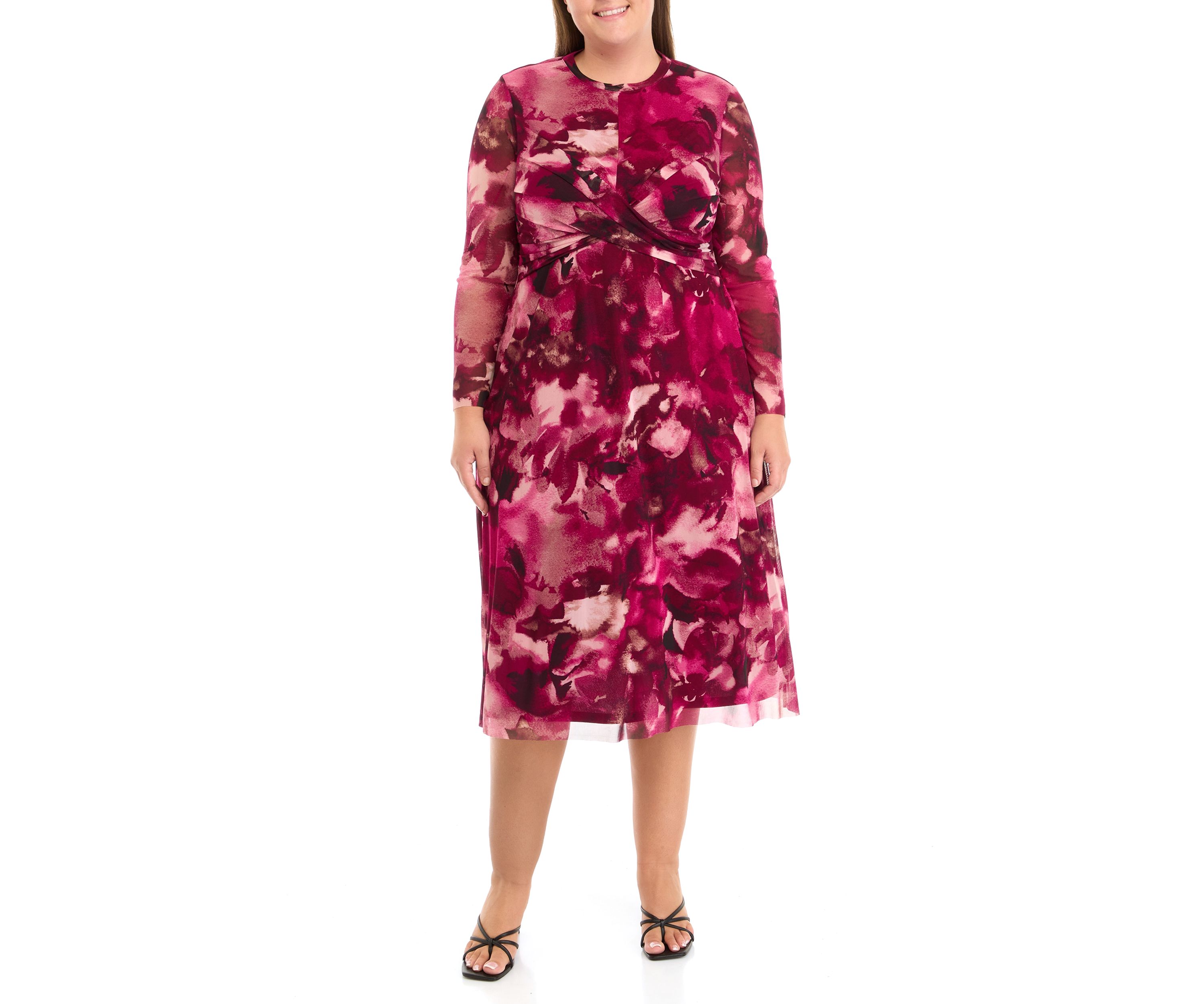 Plus Size Floral Print Twist Front Mesh Dress