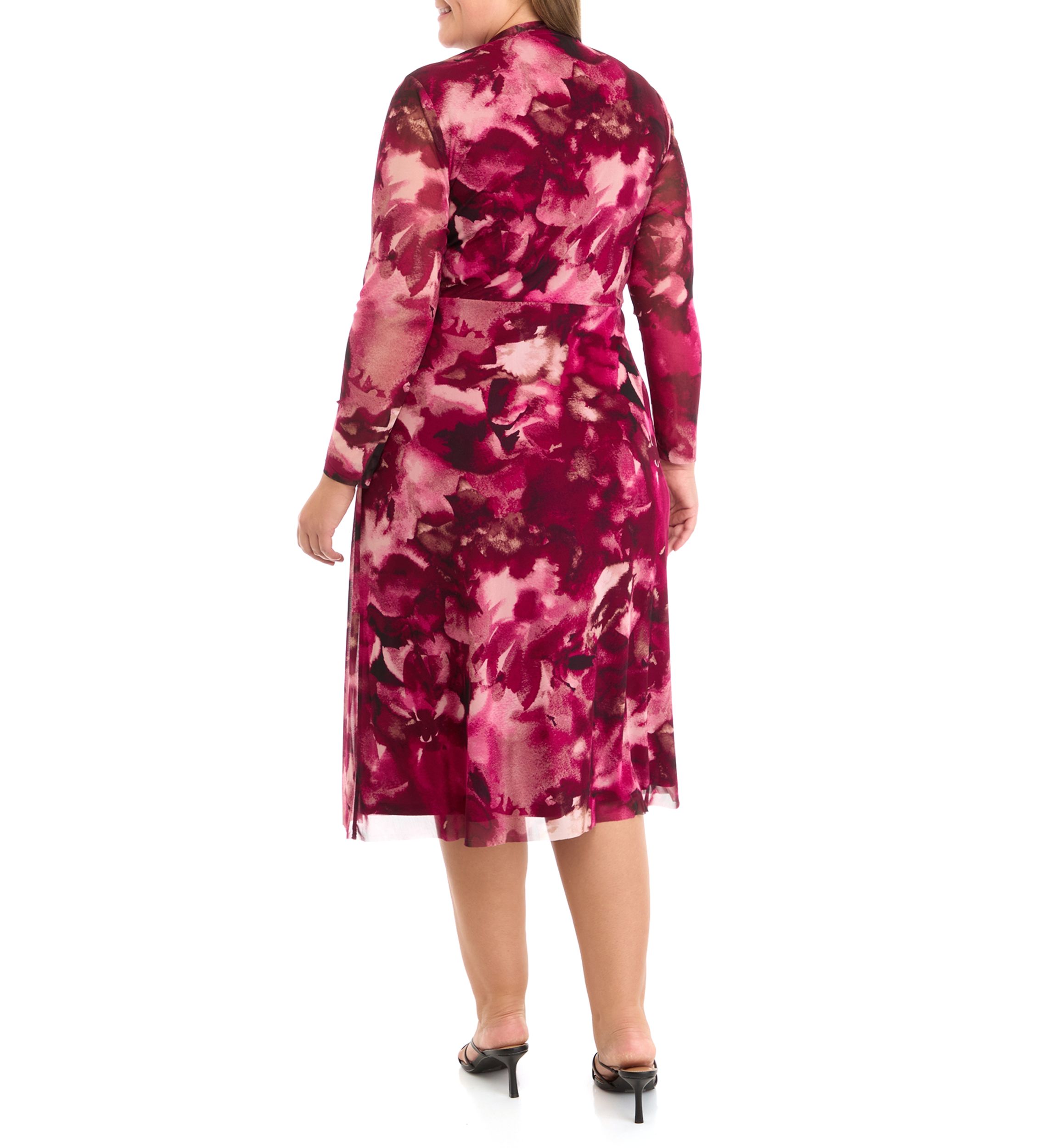 Plus Size Floral Print Twist Front Mesh Dress