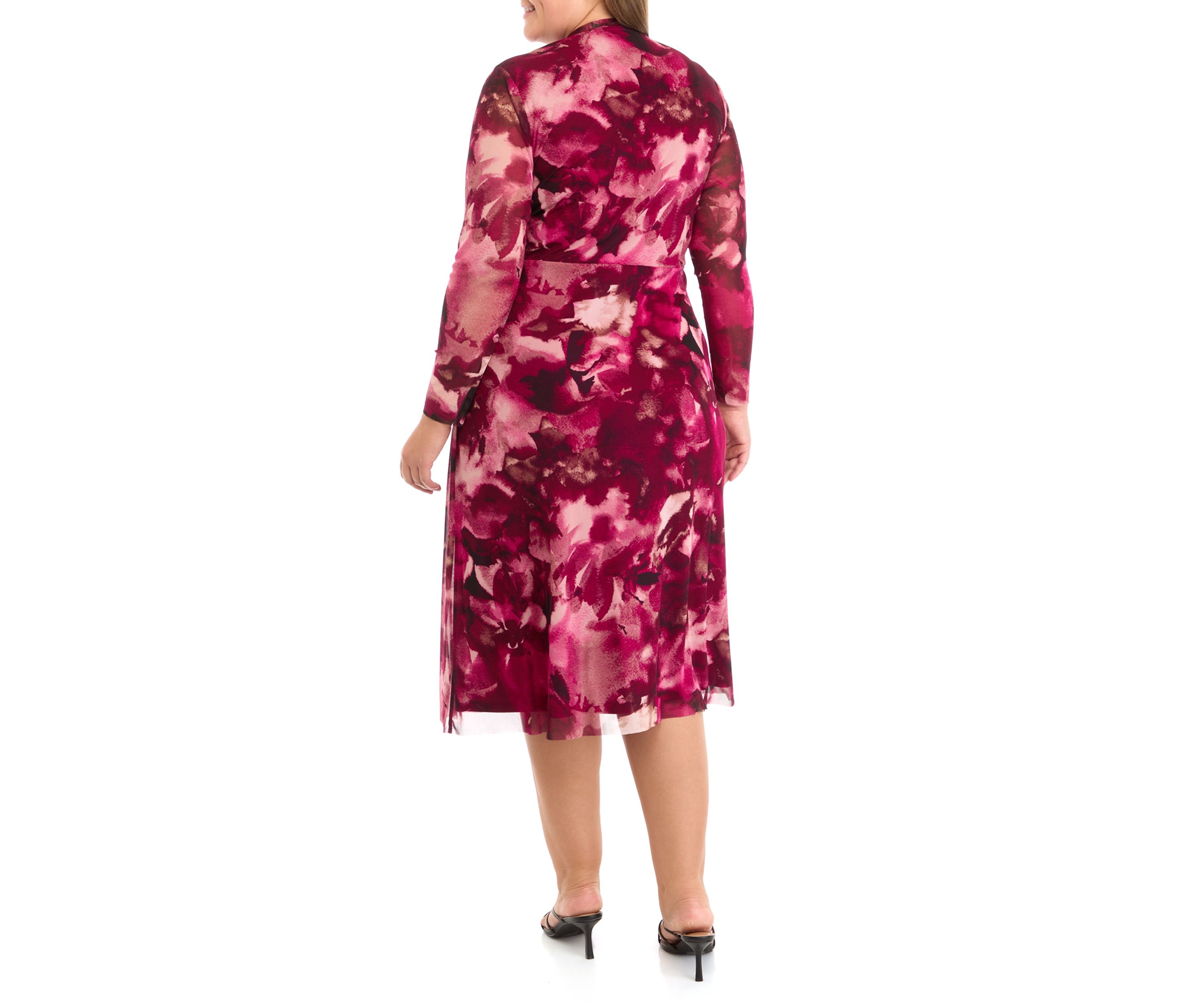 Plus Size Floral Print Twist Front Mesh Dress