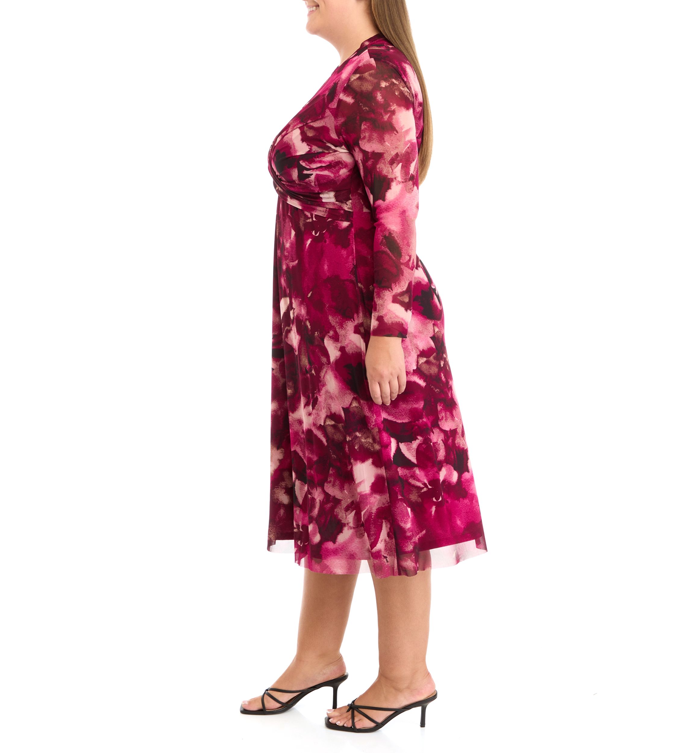 Plus Size Floral Print Twist Front Mesh Dress